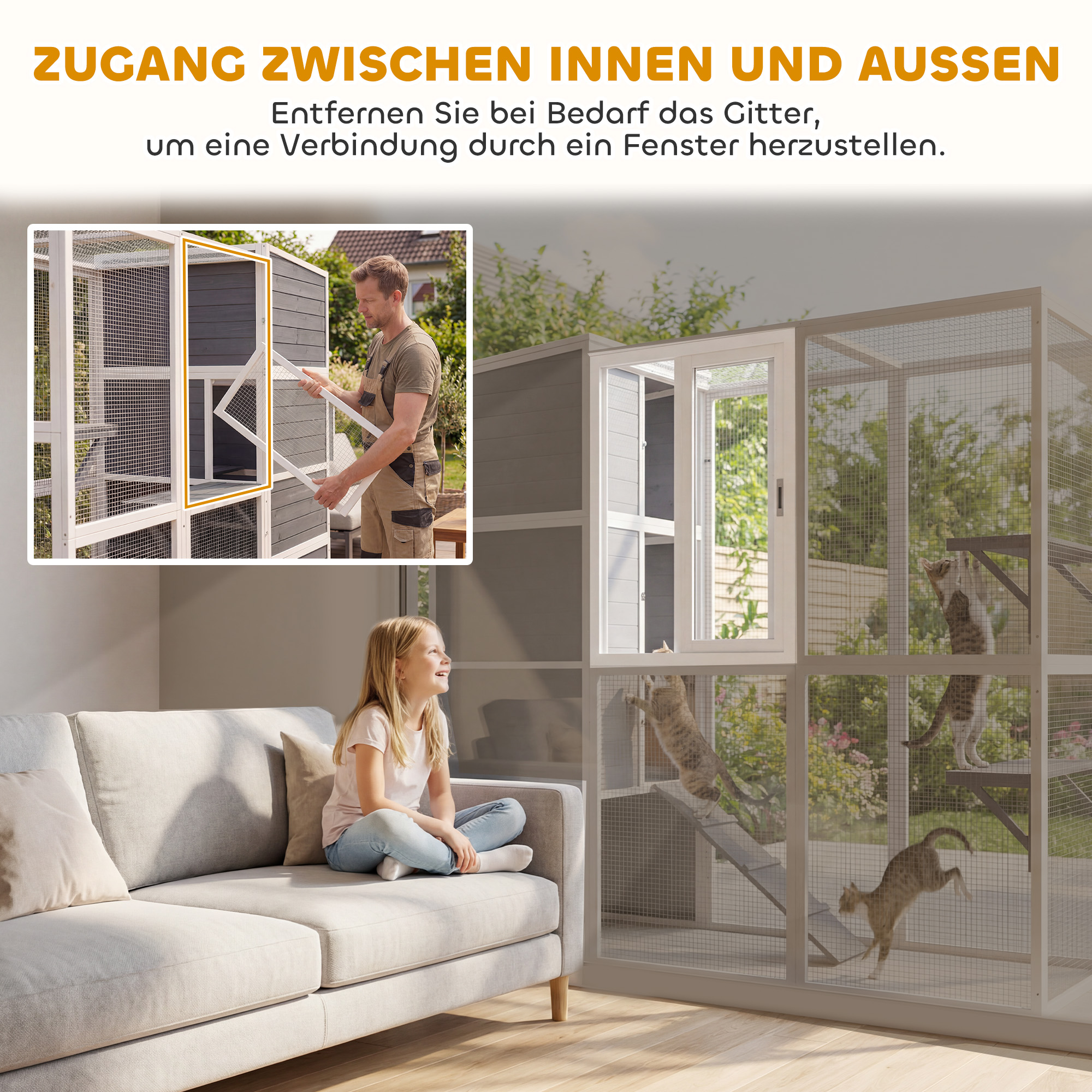 Katzengehege Outdoor Katzenhaus aus Holz mit 3 Plattformen wetterfest Dach Ruhebereich für 3-4 Katze bis 10 kg Grau