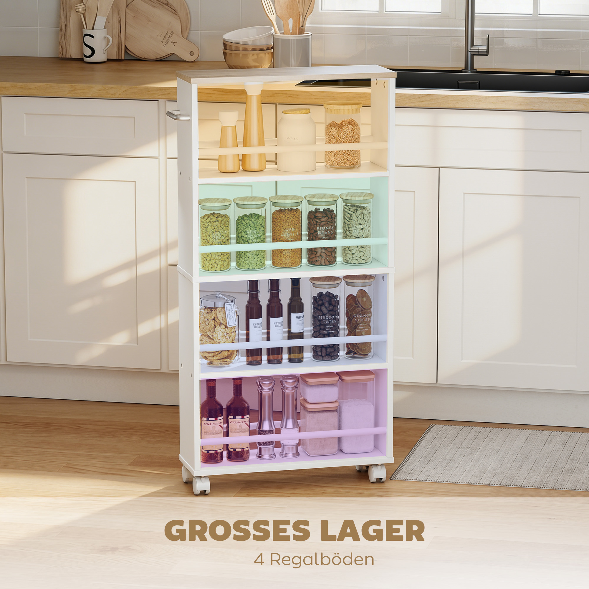 Multifunktionsregal mit Rollen, schmale Bauweise, 4 Fächer, 45x15x91 cm, Natur