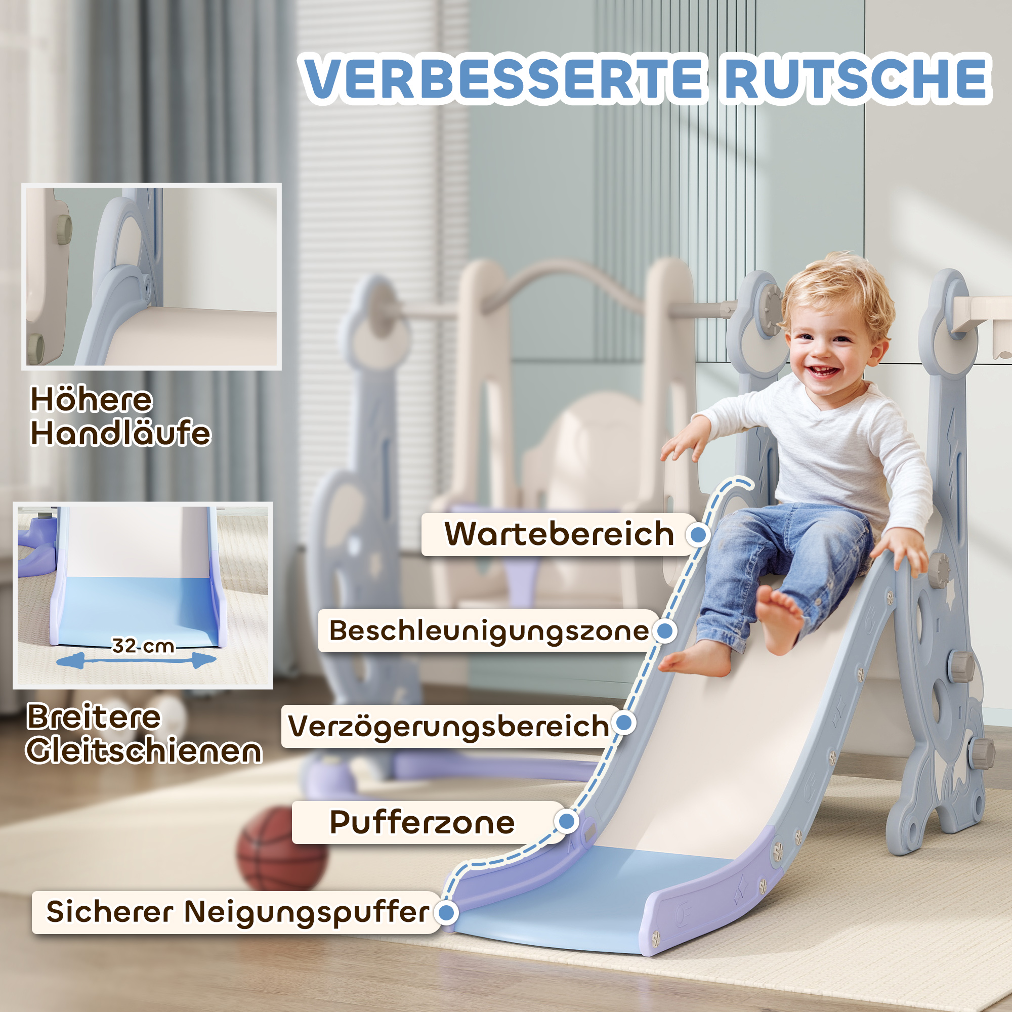 4-in-1 Indoor-Spielplatz, Rutsch- und Schaukelset für Kleinkinder, Basketballkorb, Raketendesign, Kunststoff, Hellblau