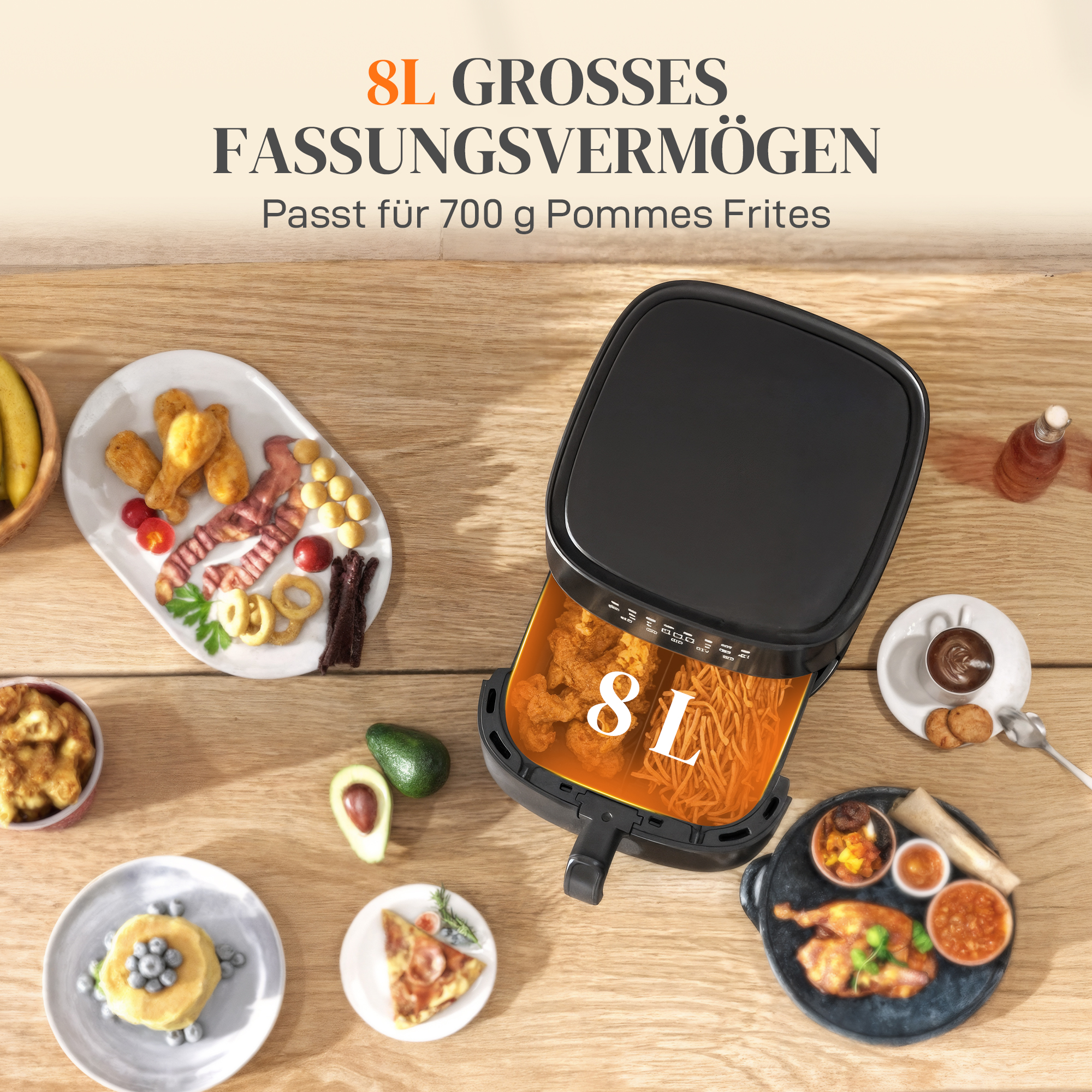 Heißluftfritteuse, Air Fryer, 8 Programme, 8 Liter, LED-Screen, Schwarz