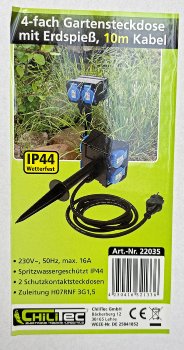 Gartensteckdose mit Erdspieß, 4-fach, IP44, 10m Kabel