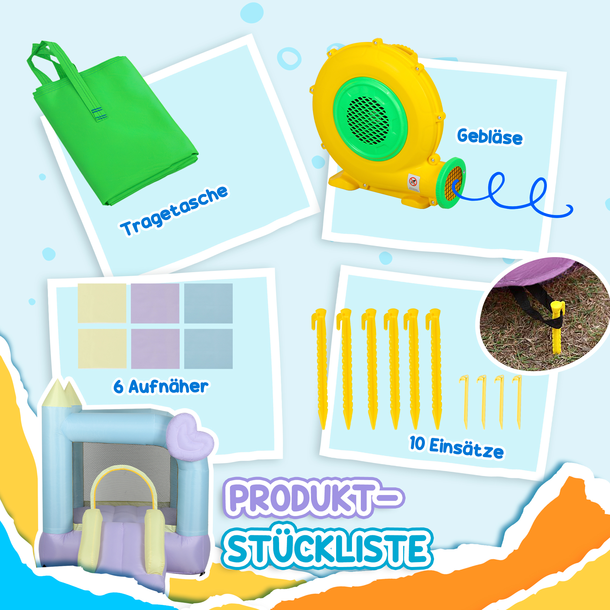 Hüpfburg mit Rutschen, Netzumzäunung, Oxford-Gewebe, Bodenanker, Tragetasche