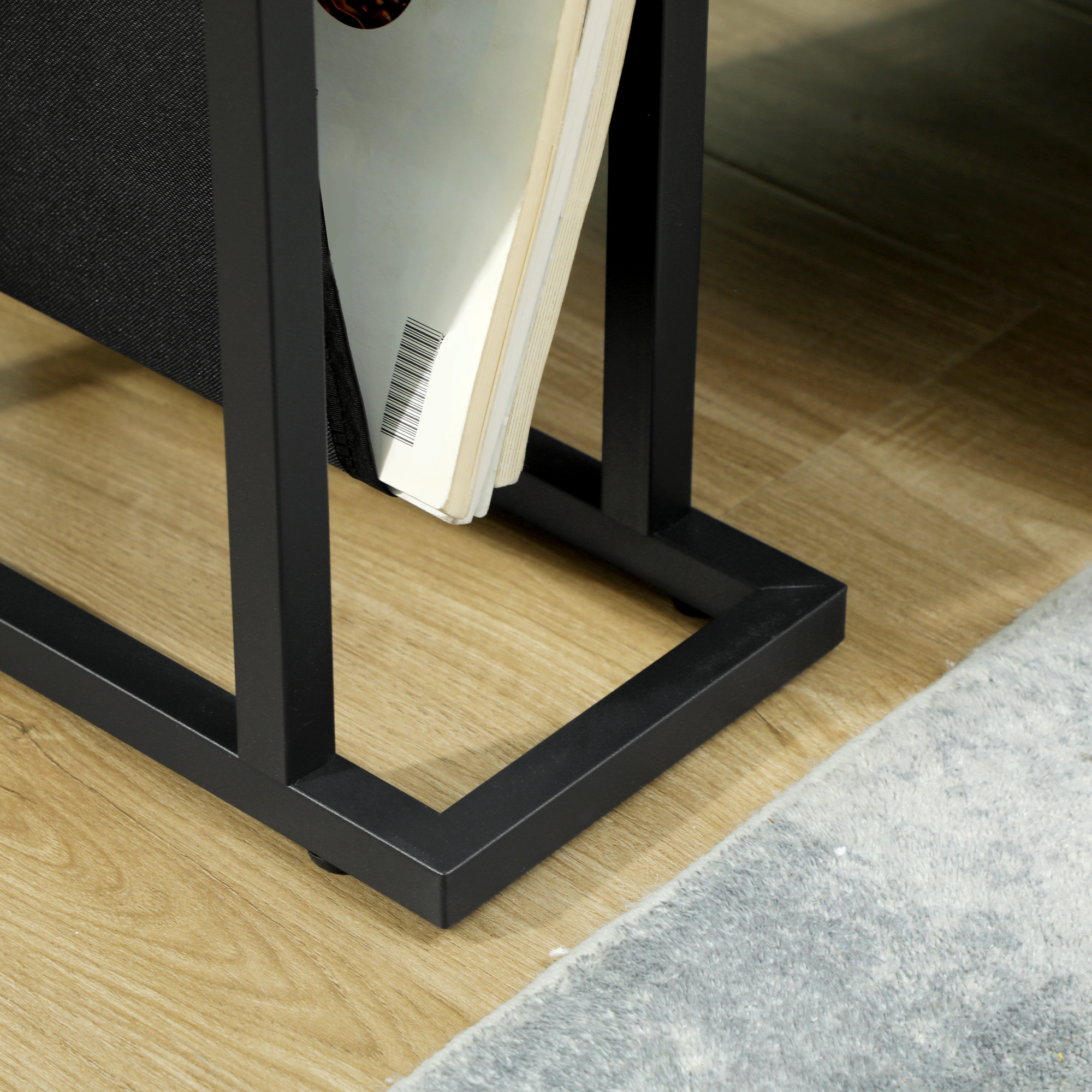 Beistelltisch aus Metall mit Stofftasche und Glasplatte, schmaler Tisch für Wohnzimmer, Schlafzimmer, Schwarz