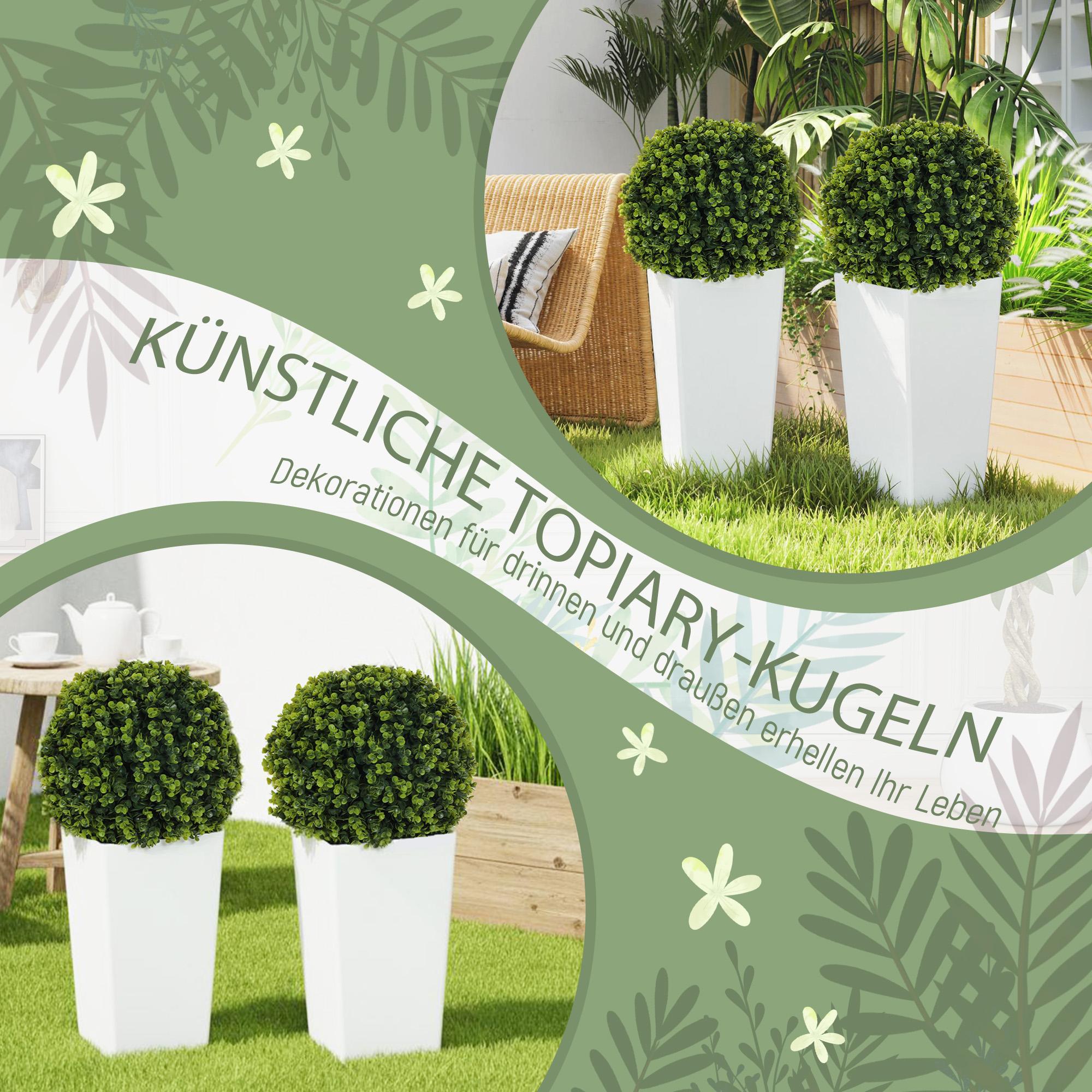 2er-Set Künstlicher Eukalyptuskugeln 65 cm Kunstpflanze mit UV-Schutz, 330 Blättern im Topf, Grün