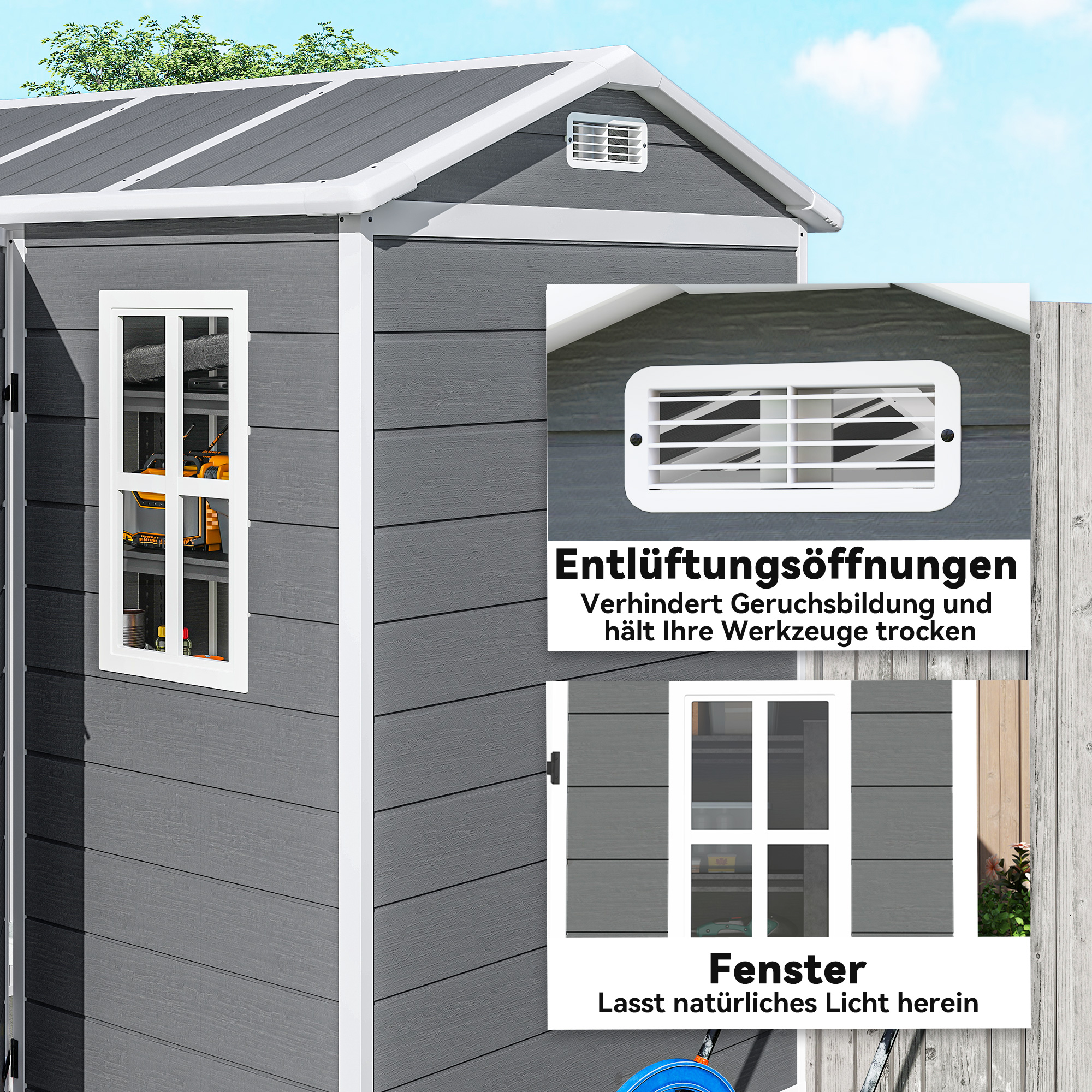 Gartenhaus, Gartenschuppen mit Boden, Fenster, verschließbarer Tür, Kunststoff-Harz, wetterfest, Grau