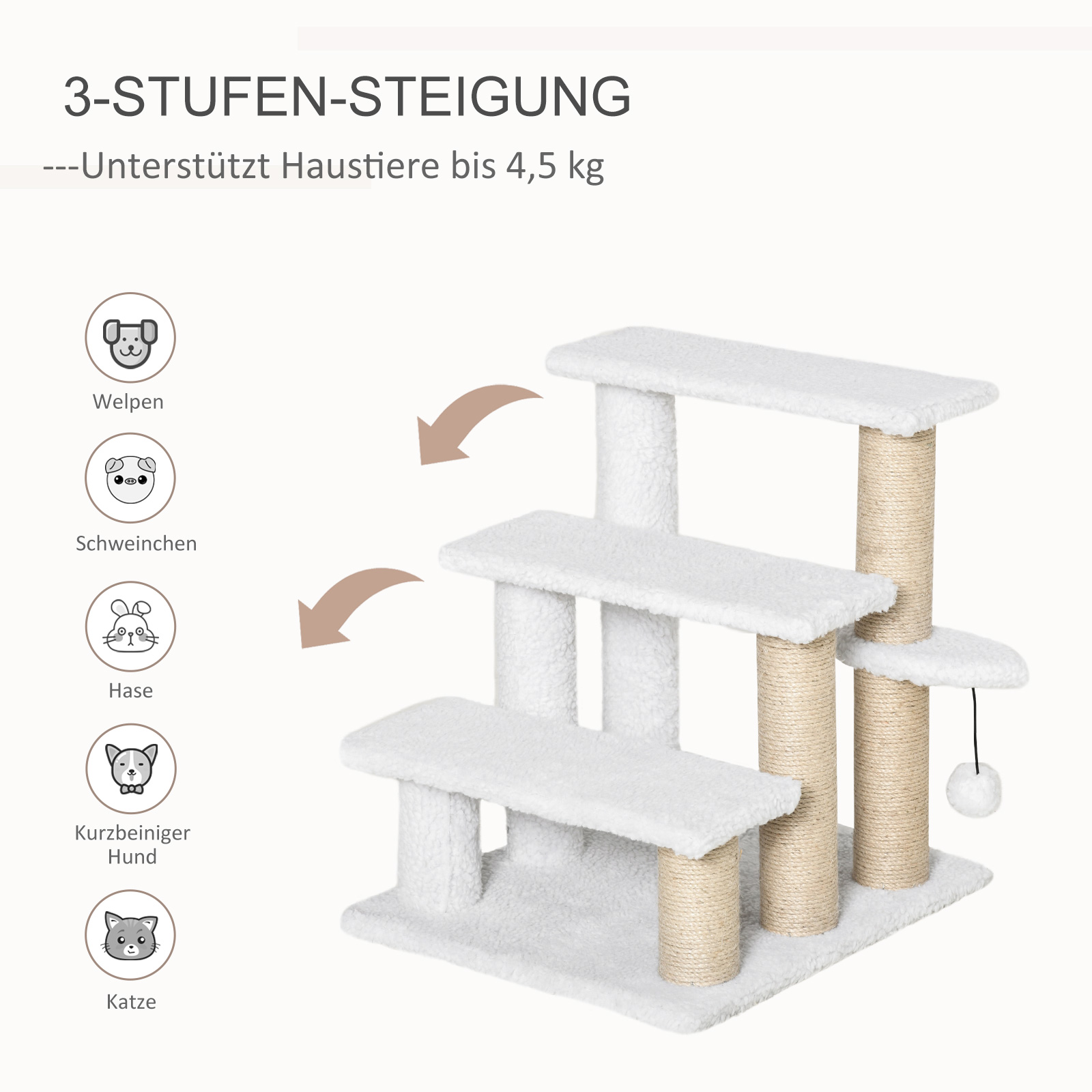 Katzentreppe 3-stufige Haustiertreppe mit Kratzsäulen Ball Hundetreppe Tiertreppe für Katzen bis 5 kg Plüsch Jute Weiß 45 x 40 x 48 cm