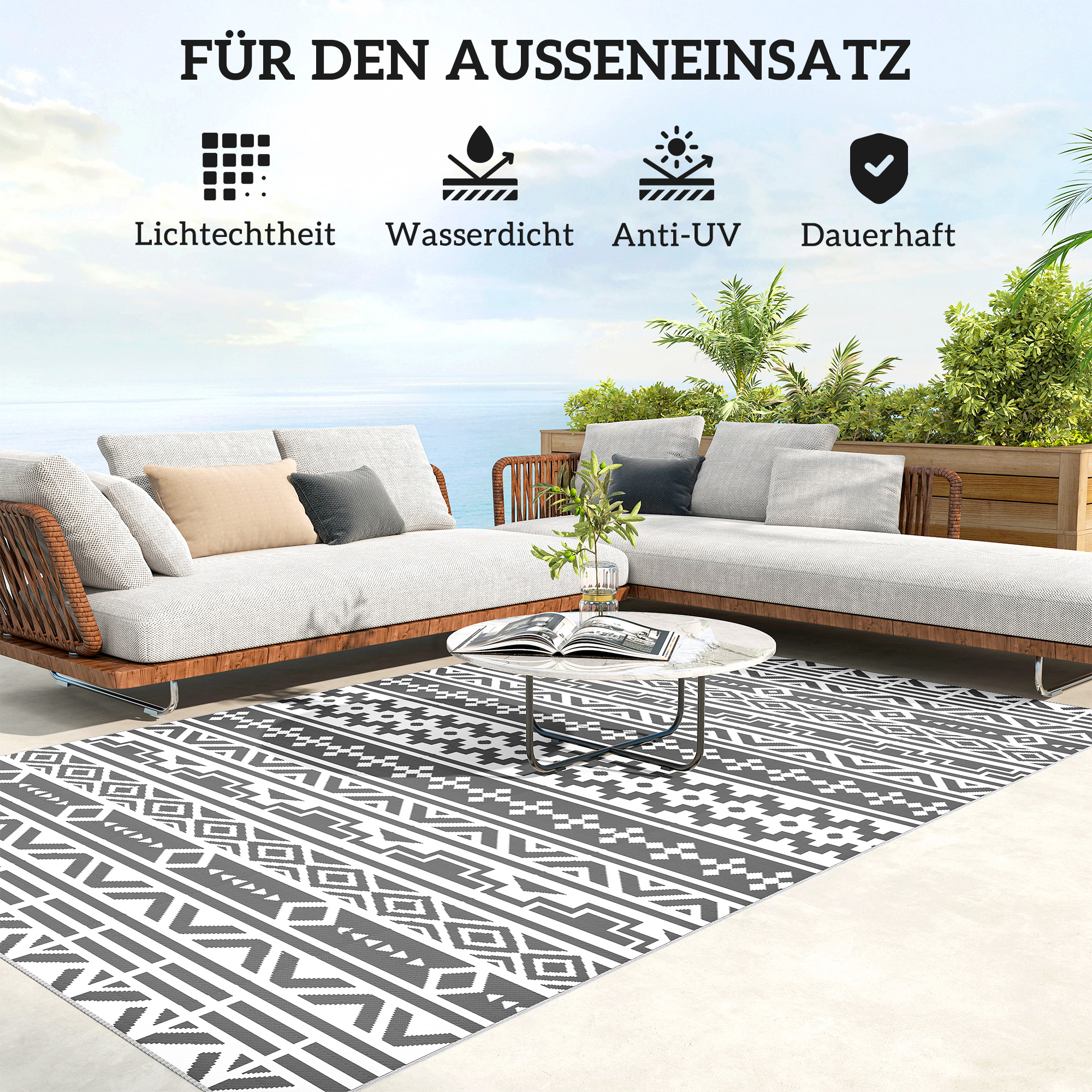 Outdoor Teppich robuster Wetterfest Outdoorteppich, Carpet mit Boho-Style, Outdoor-Teppich für Wohnzimmer Balkon