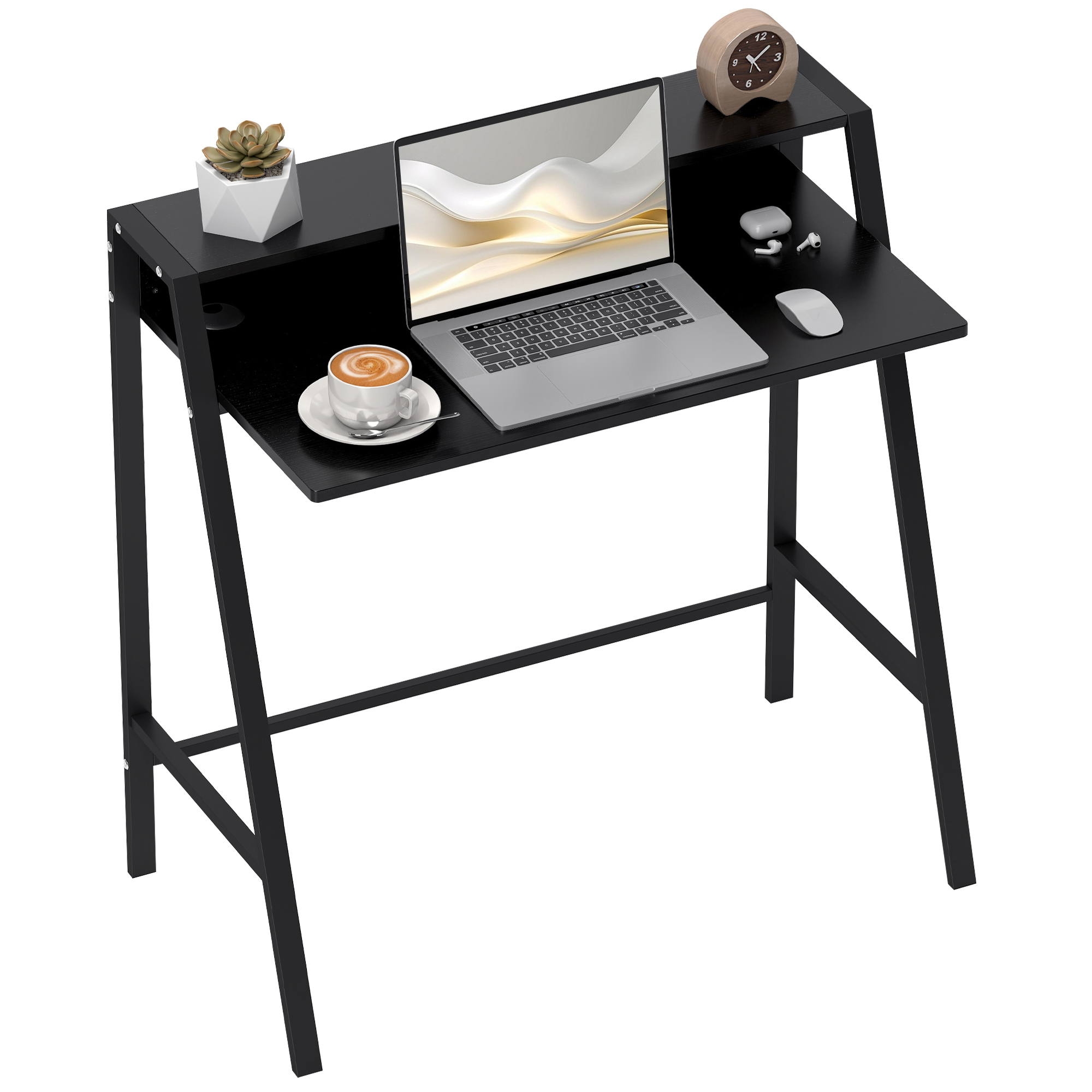 Schreibtisch, Computertisch mit Ablage und Kabel Management, moderner Schreibtisch mit Metallgestell für Arbeitszimmer, Schlafzimmer, Home Office, 84 x 45 x 85 cm, Schwarz