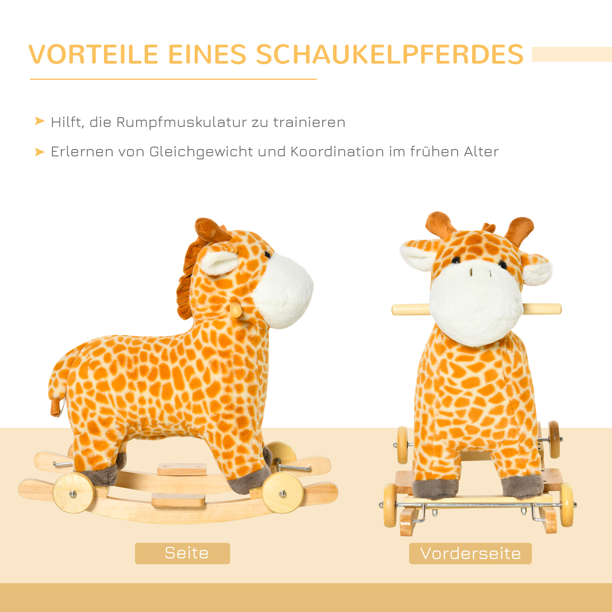 2-IN-1 Schaukeltier Giraffen mit Sound Effekt, Räder , Haltegriffen Plüsch Baby Schaukelspielzeug Schaukel Schaukelsitz für Kleinkinder 3-6 Jahre