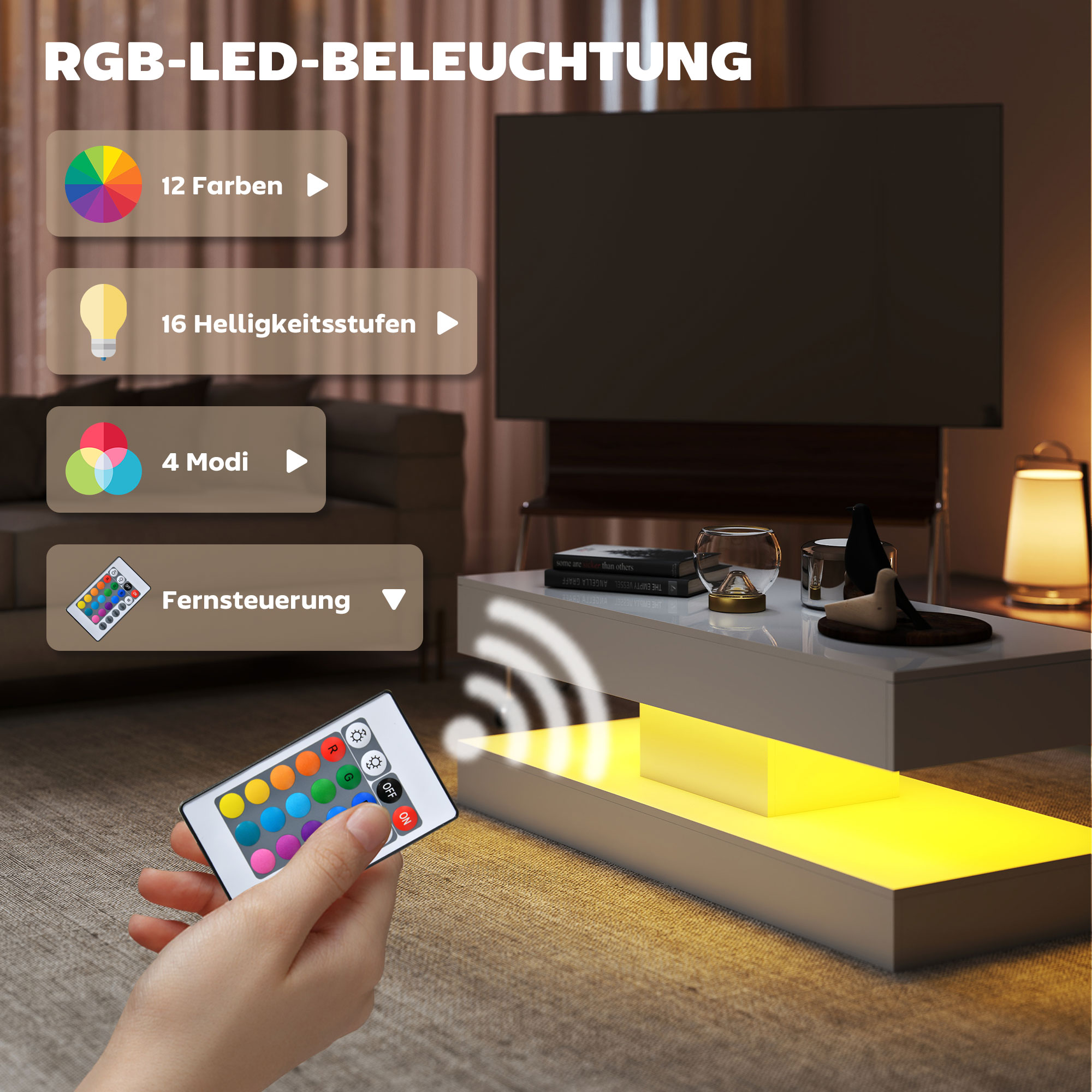 Wohnzimmertisch mit Schubladen und LED-Lichtern, moderner Sofatisch mit offener Ablage, Couchtisch, Spanplatte, Weiß