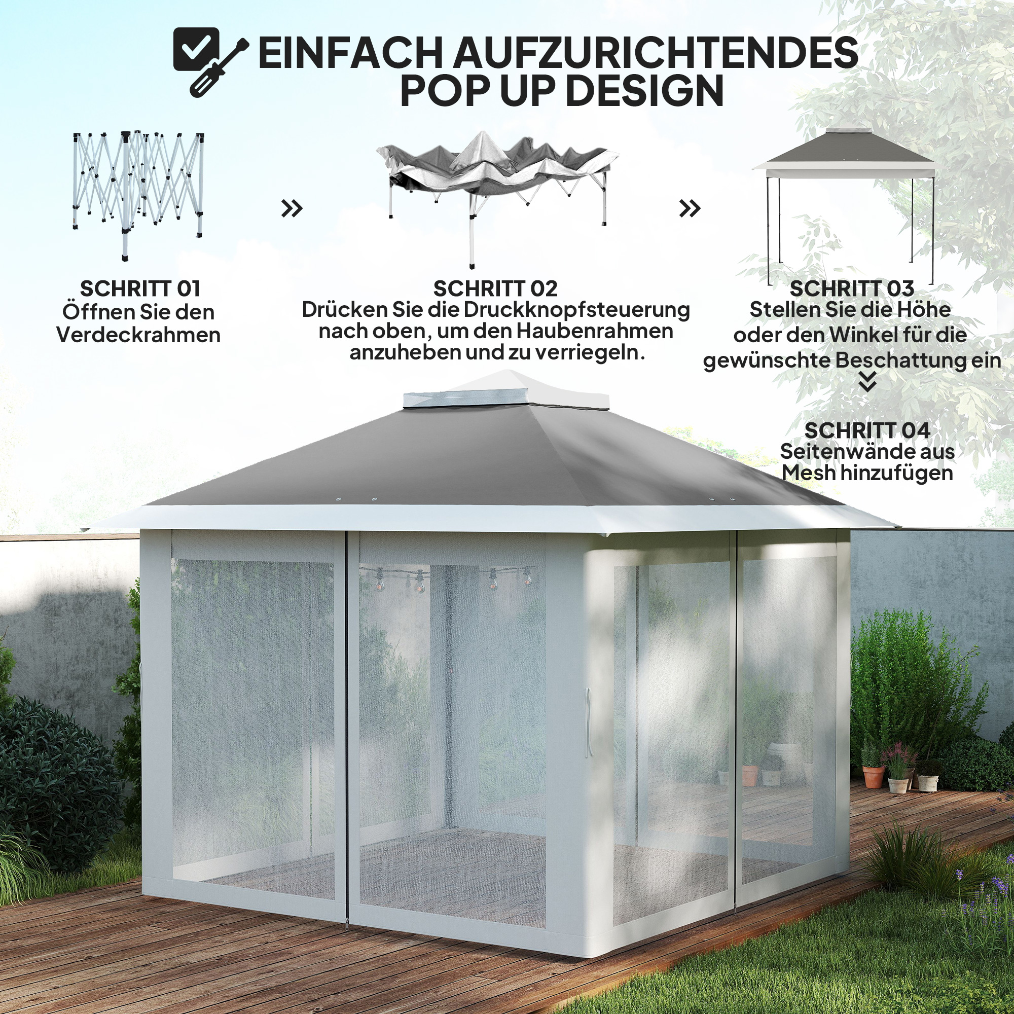 Faltpavillon, Gartenpavillon, Metall und Stoffplane, Netzvorhänge, Entwässerungslöcher, 330L x 330B x 288H cm, Grau