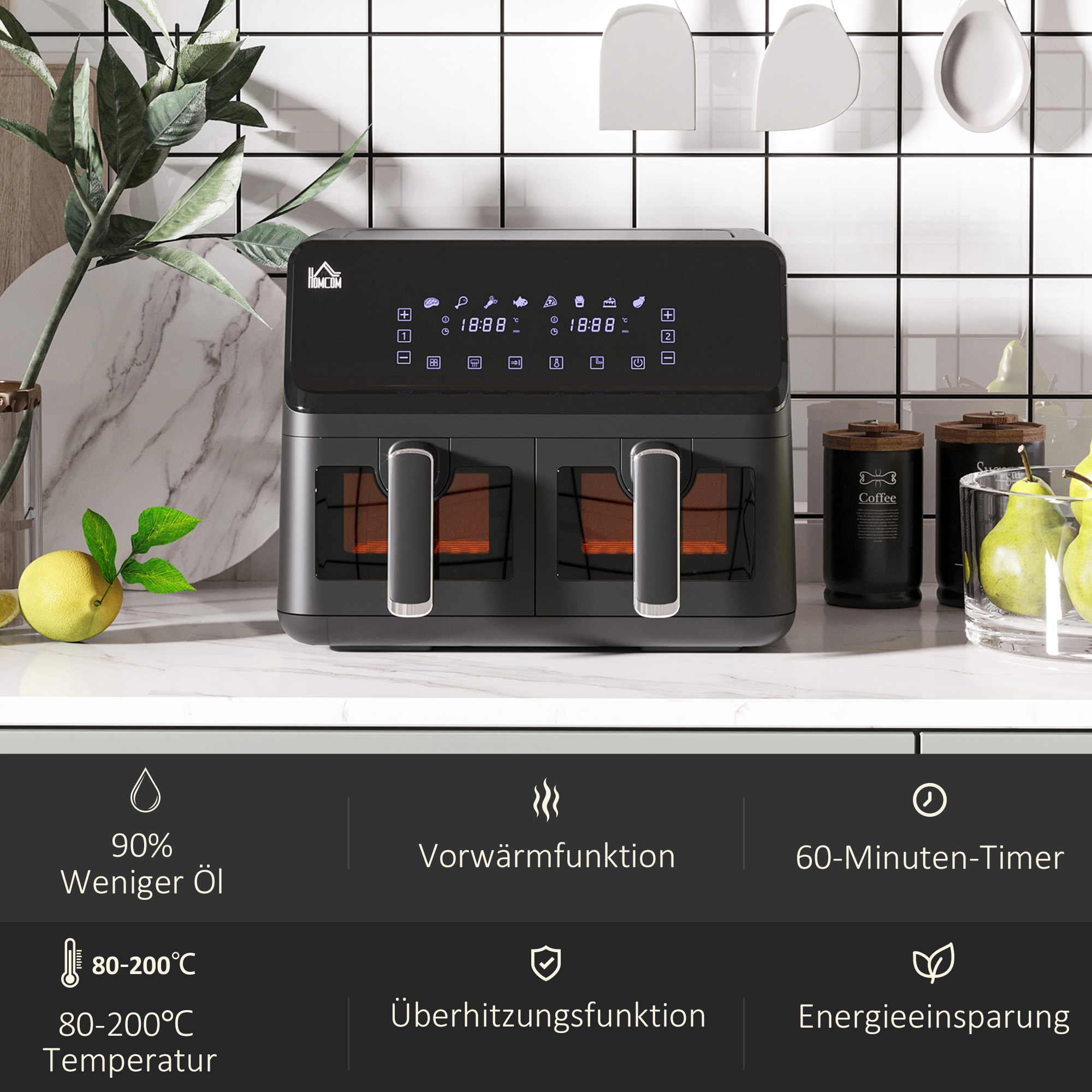 Heißluftfritteuse, 2 Frittierkörbe á 4 Liter, 8 Programme, Licht, Timer, 38,5 x 38 x 30,5 cm, Schwarz