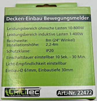 Decken-Einbau-Bewegungsmelder 360° FLAT, PIR, LED geeignet, 8m Detektion, 80x30mm