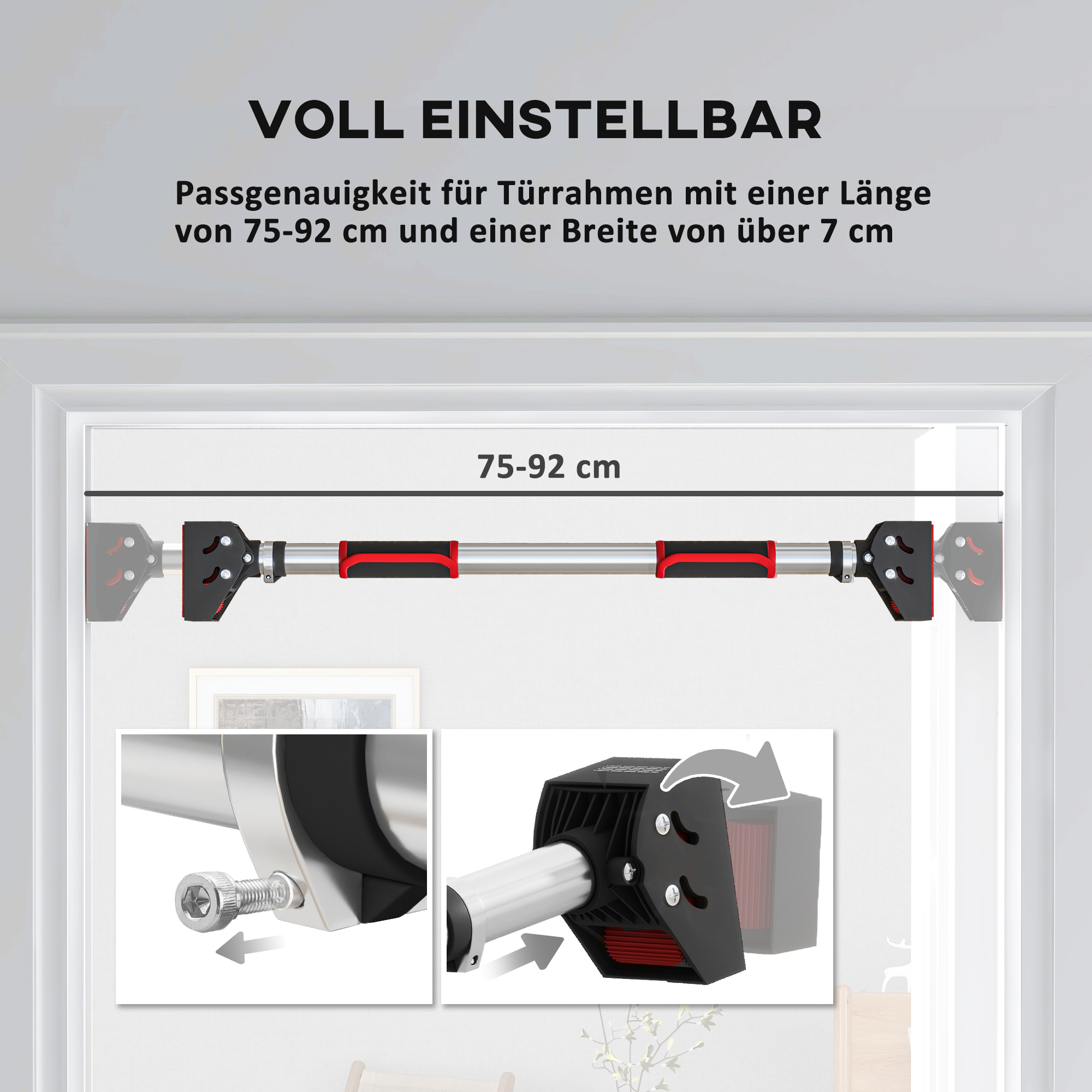 Klimmzugstange für Türrahmen, verstellbar, ohne Bohren, Stahl, bis 200 kg, 75-92 x 10 x 7 cm, Schwarz/Rot