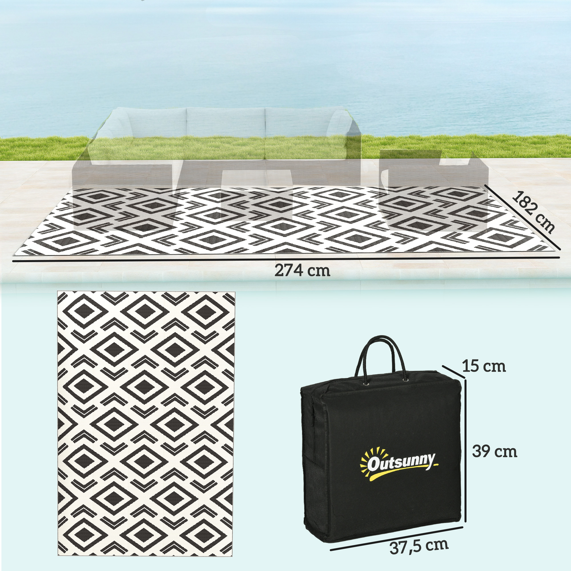 Outdoor Teppich robuster Wetterfest Outdoorteppich mit Tragtasche, faltbar Carpet Boho-Style 182 x 274 cm Schwarz+Weiß