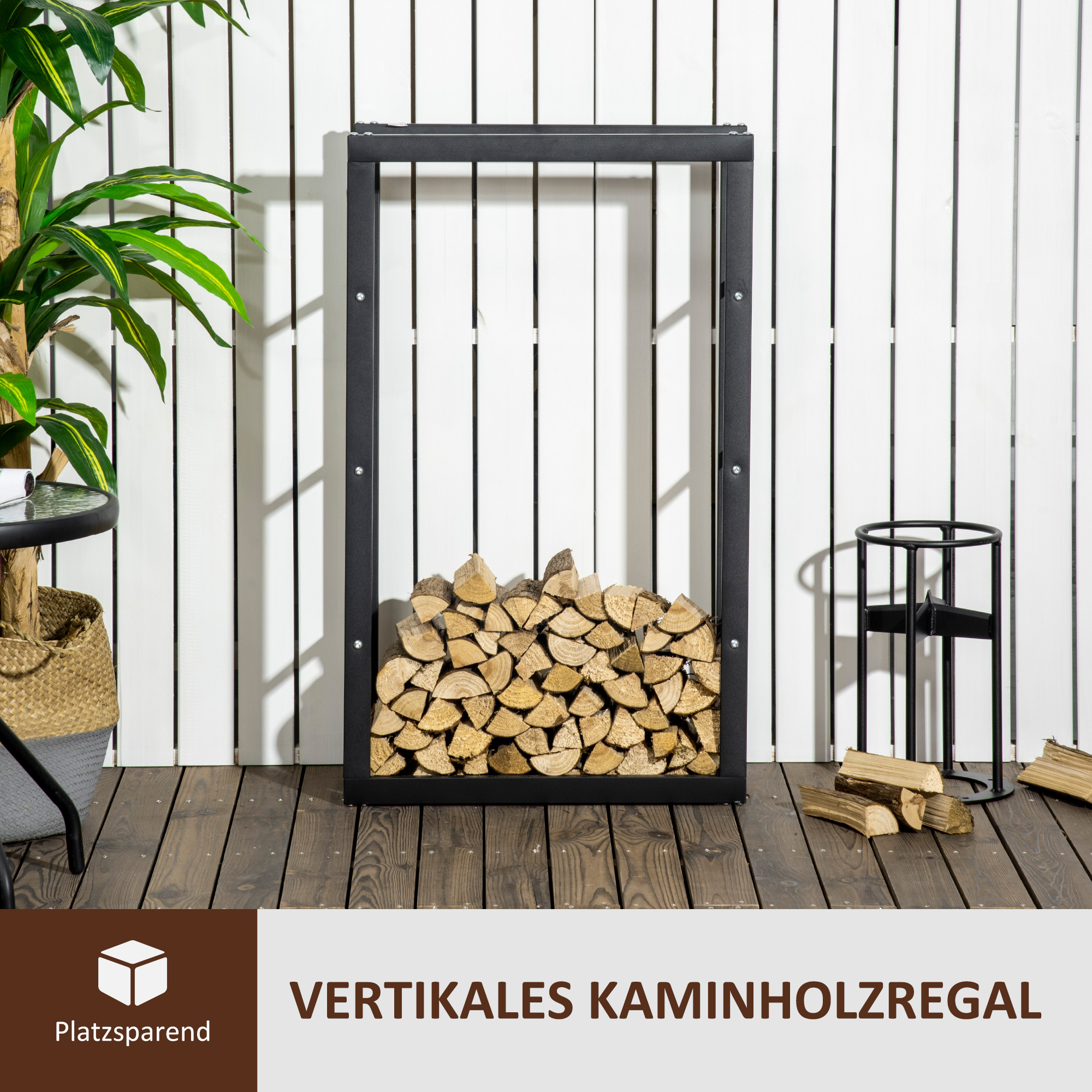 Kaminholzregal Metall 60 x 25 x 100 cm Brennholzregal Stapelhilfe Stahlrahmen bis 100kg Kaminholzunterstand Outdoor Holzregal Feuerholzregal für Garten Terrasse Außen Schwarz