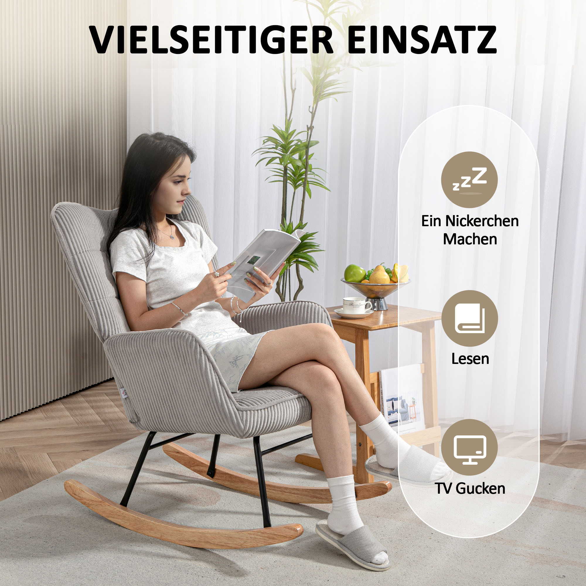 Vintage Schaukelstuhl, geschwungene Kufen, dicke Polsterung, Buchenholz & Stahl, Hellgrau