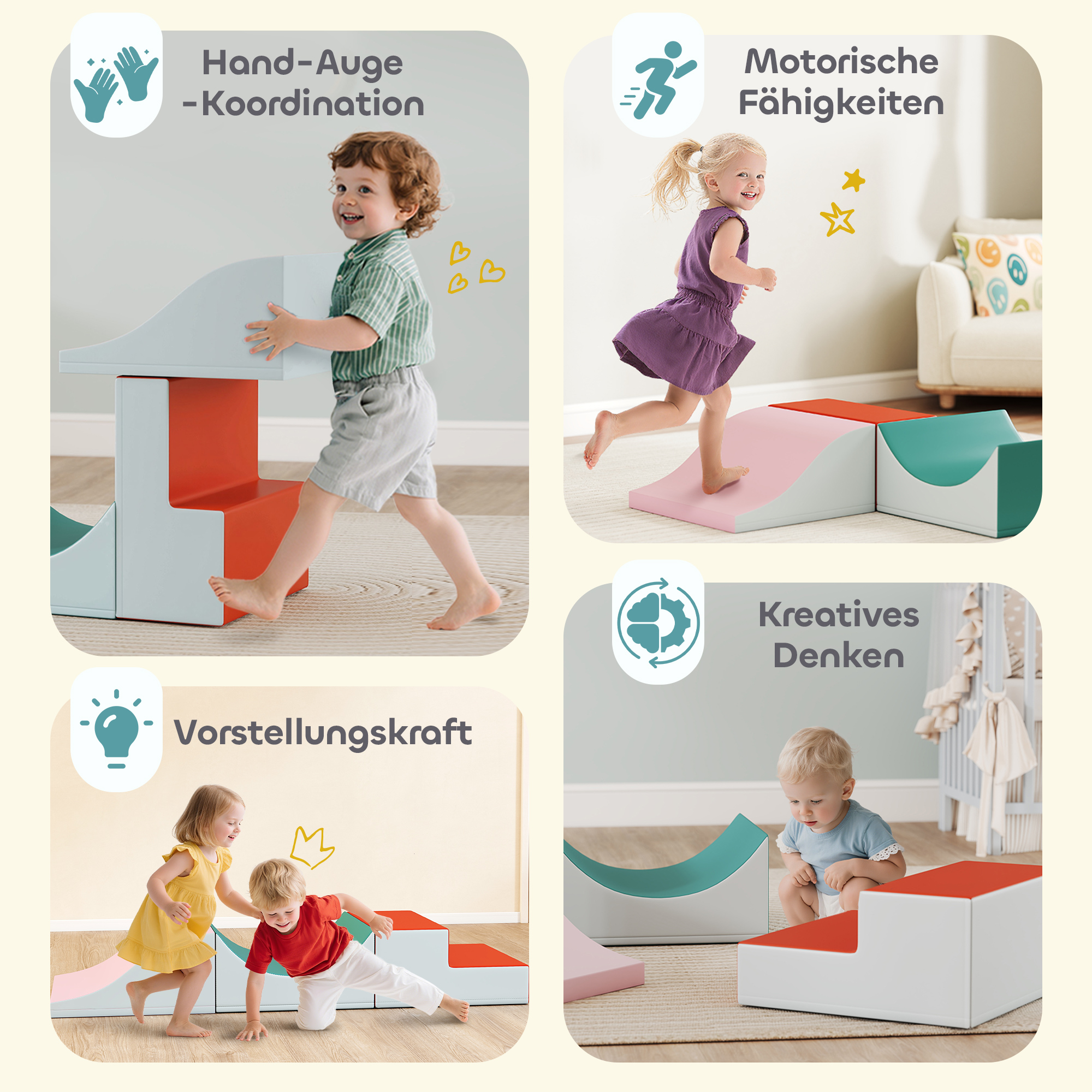 3-teiliges Kletter- und Krabbelset für Kleinkinder, Kunstleder, Schaumstoff, Hellgrau