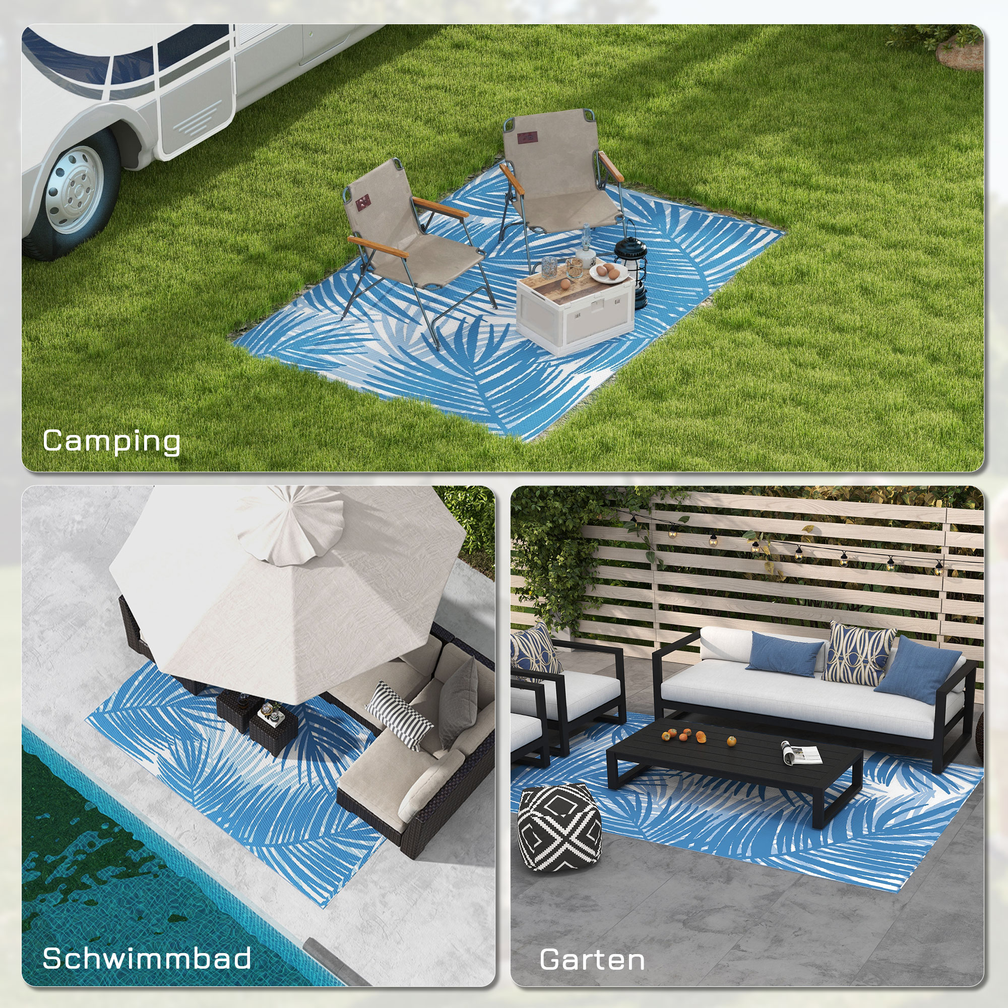 Outdoor Wendeteppich, wasserfest, Blattmuster, 182x274cm, Blau/Creme