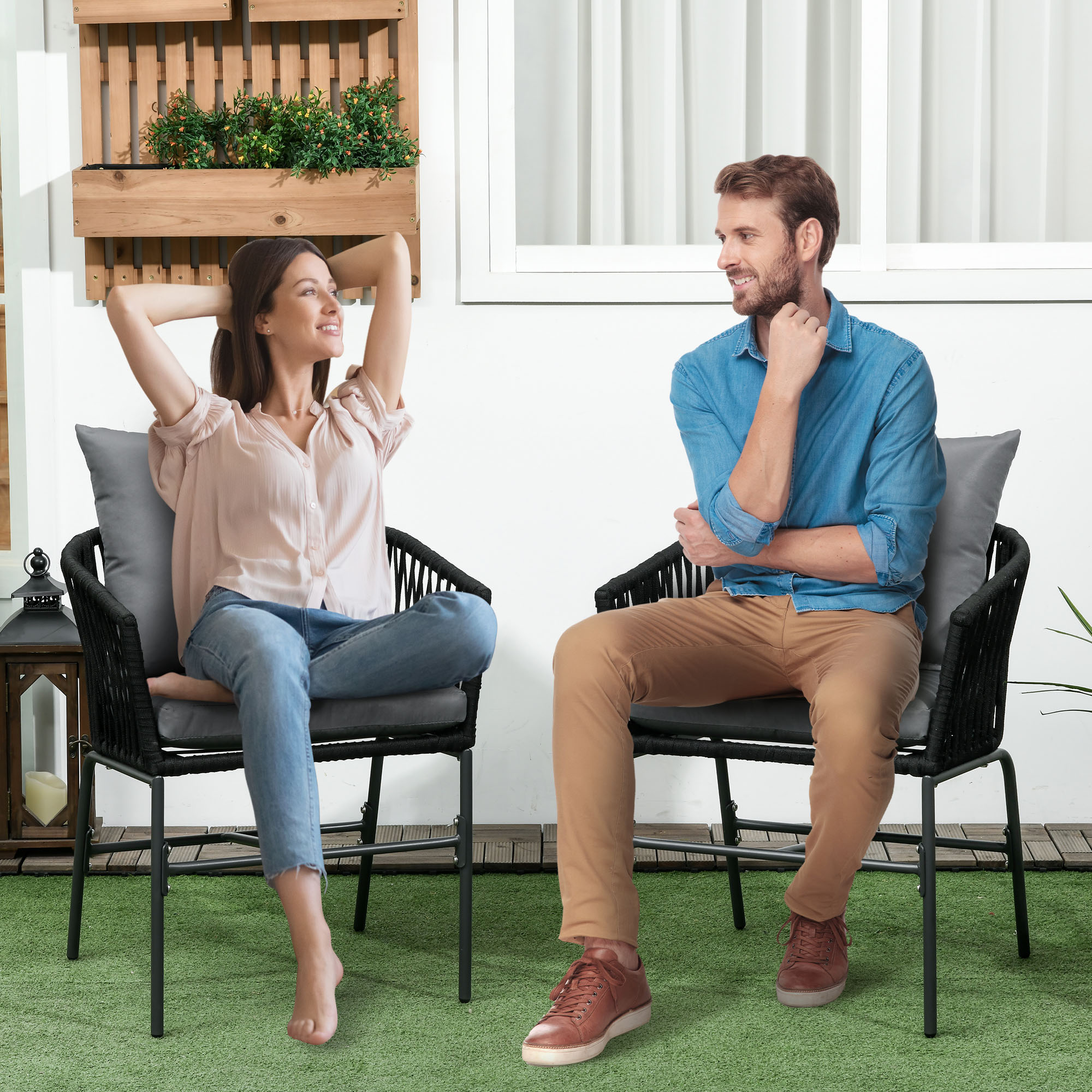 Outdoor Stühle, 2-er Set, Boho-Design, Sitz- und Rückenkissen, bequeme Sitzschale, Metallrahmen, Schwarz