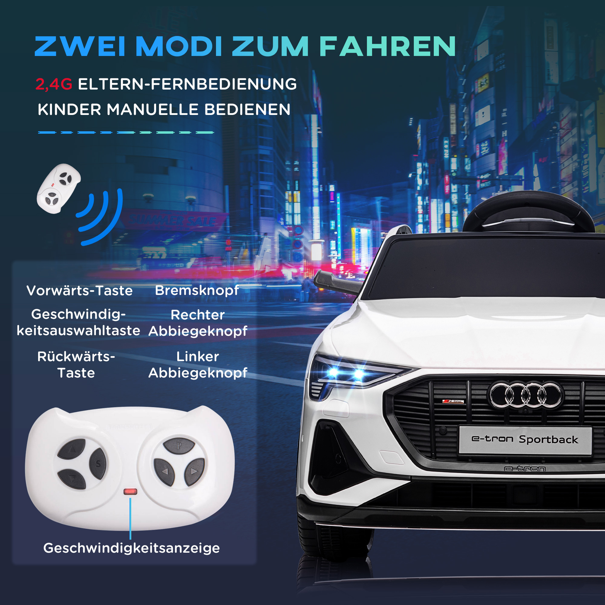 Kinderfahrzeug Audi E-tron Elektroauto mit Fernbedienung, Sicherheitsgurt, Musik (MP3/USB/TF), Kinderfahrzeug für Kinder 3-5 Jahre, 3-5 km/h, Weiß