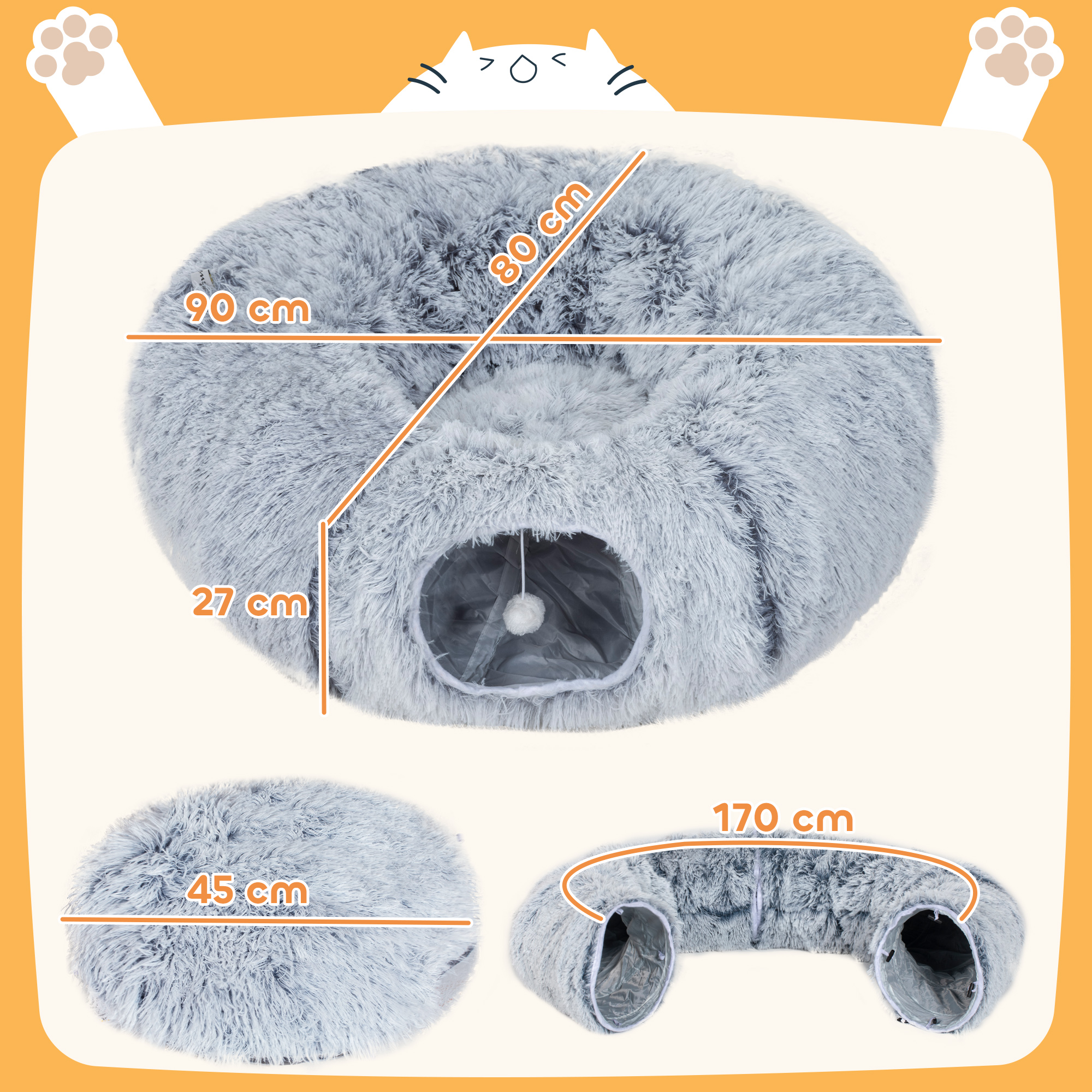 Katzentunnel, Plüschstoff, Kissen, faltbar, Metallrahmen, Katzenhöhle, Hellgrau