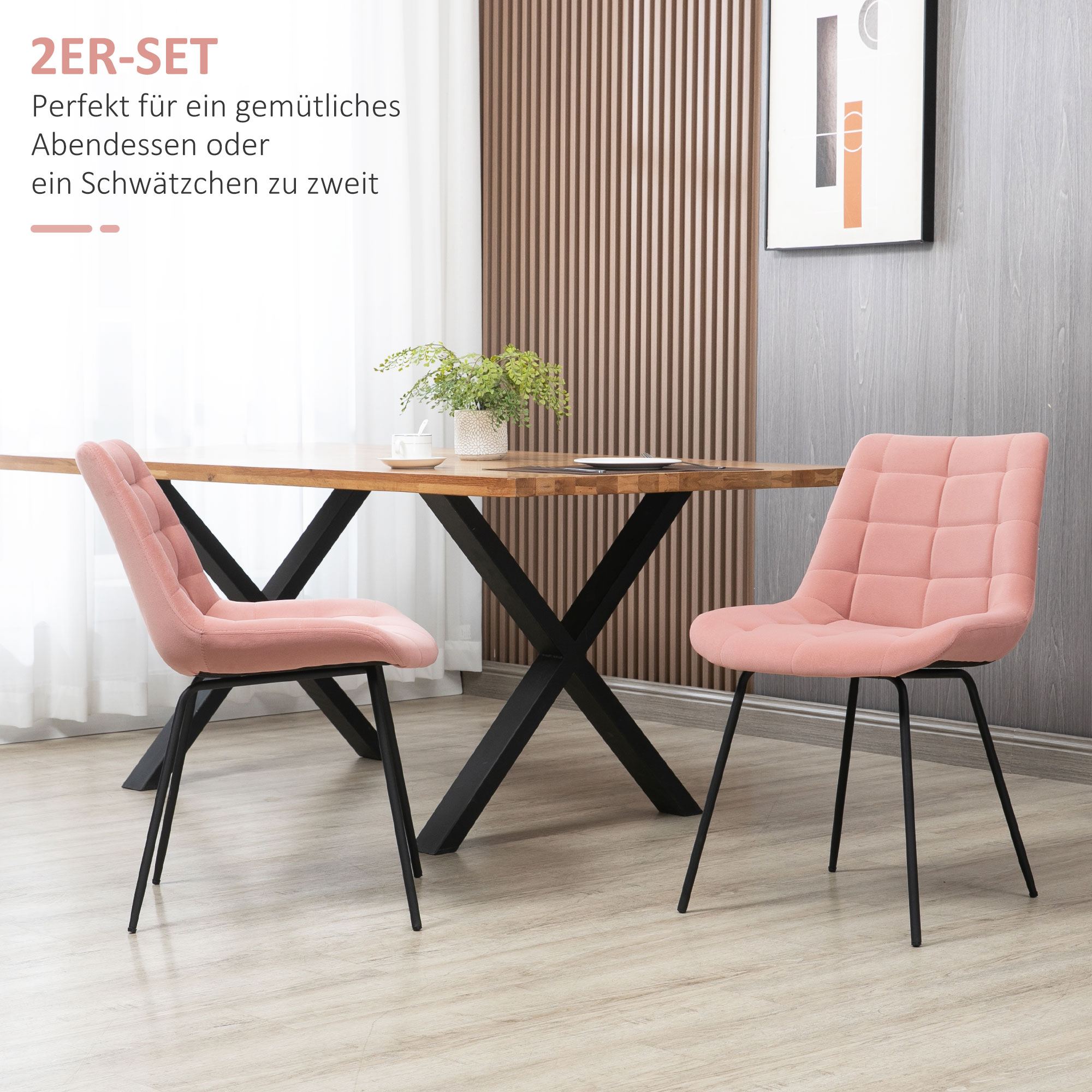 2er-Set Esszimmerstühle  Akzentstühle Küchenstühle, Retro-Design, Samtoptik, 50 cm x 61 cm x 79 cm, Rosa