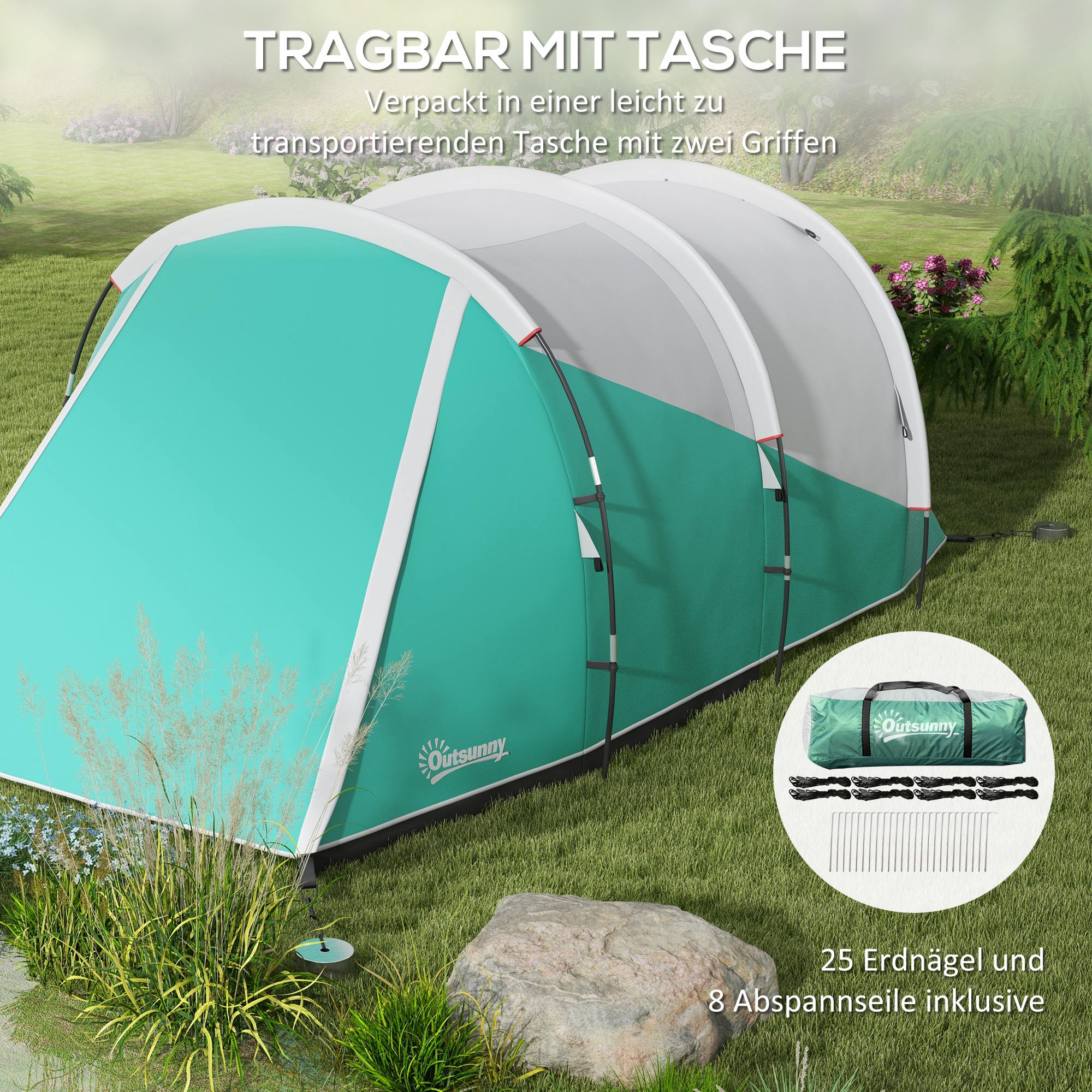 Campingzelt für 3 Personen, separate Wohn- & Schlafräume, 460L x 260B x 190H cm, Grün