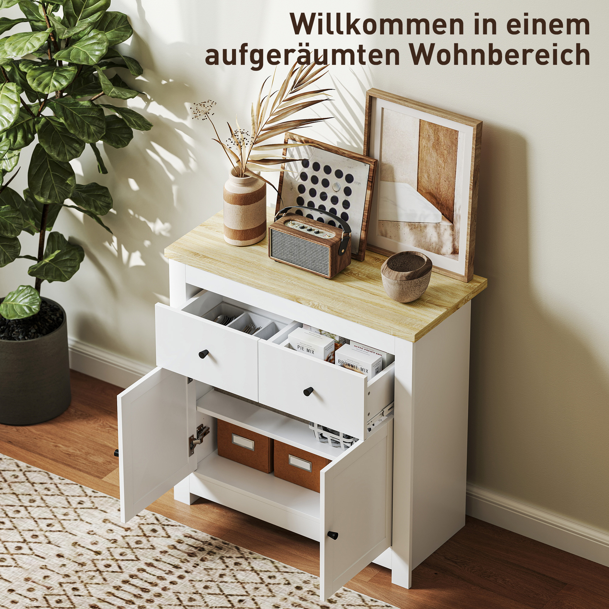 Kommode mit viel Stauraum, Sideboard mit Soft-Close-Türen, 2 Schubladen, verstellbares Regal, Weiß