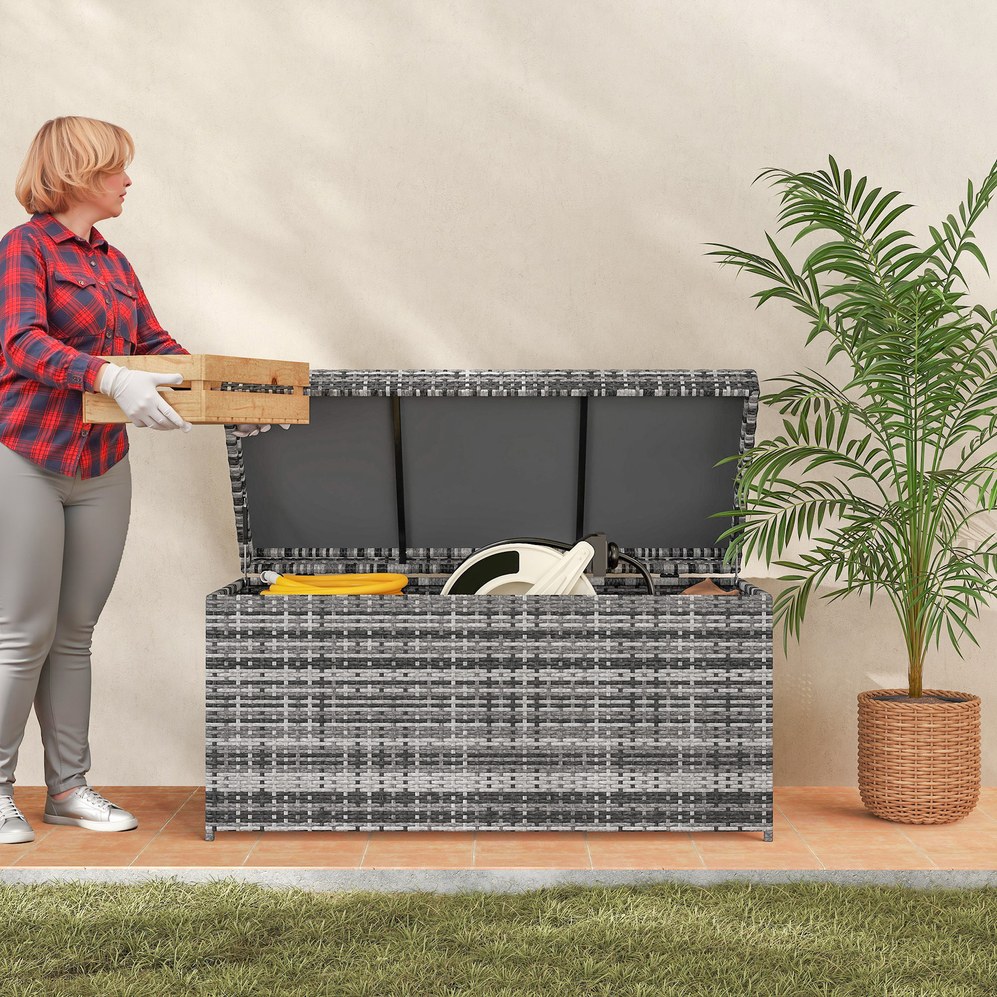 Rattan Auflagenbox 380L wetterfest Kissenbox mit Deckel Stauraum UV-beständig 130 x 61 x 65 cm Dunkelgrau