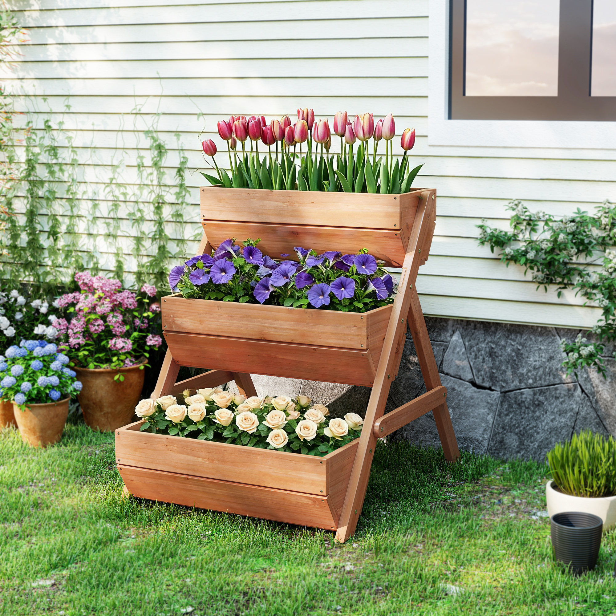Vertikales Hochbeet mit 3 Etagen Vertikalbeet aus Holz Blumenkasten mit 3 Pflanzkästen Ablauflöchern Braun