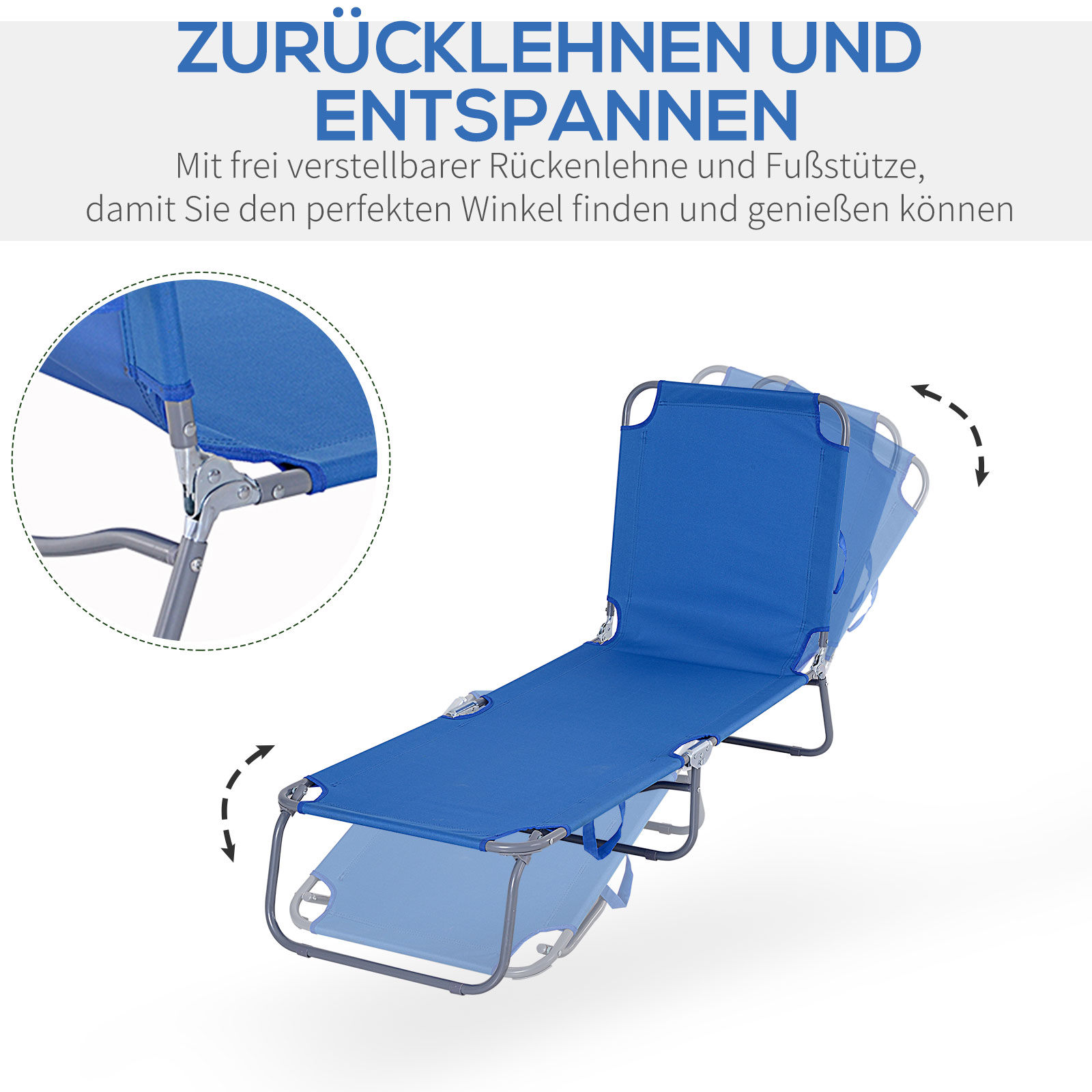 Sonnenliege, klappbar, verstellbare Rückenlehne, rostfreier Metallrahmen, 187 x 55 x 24, Blau