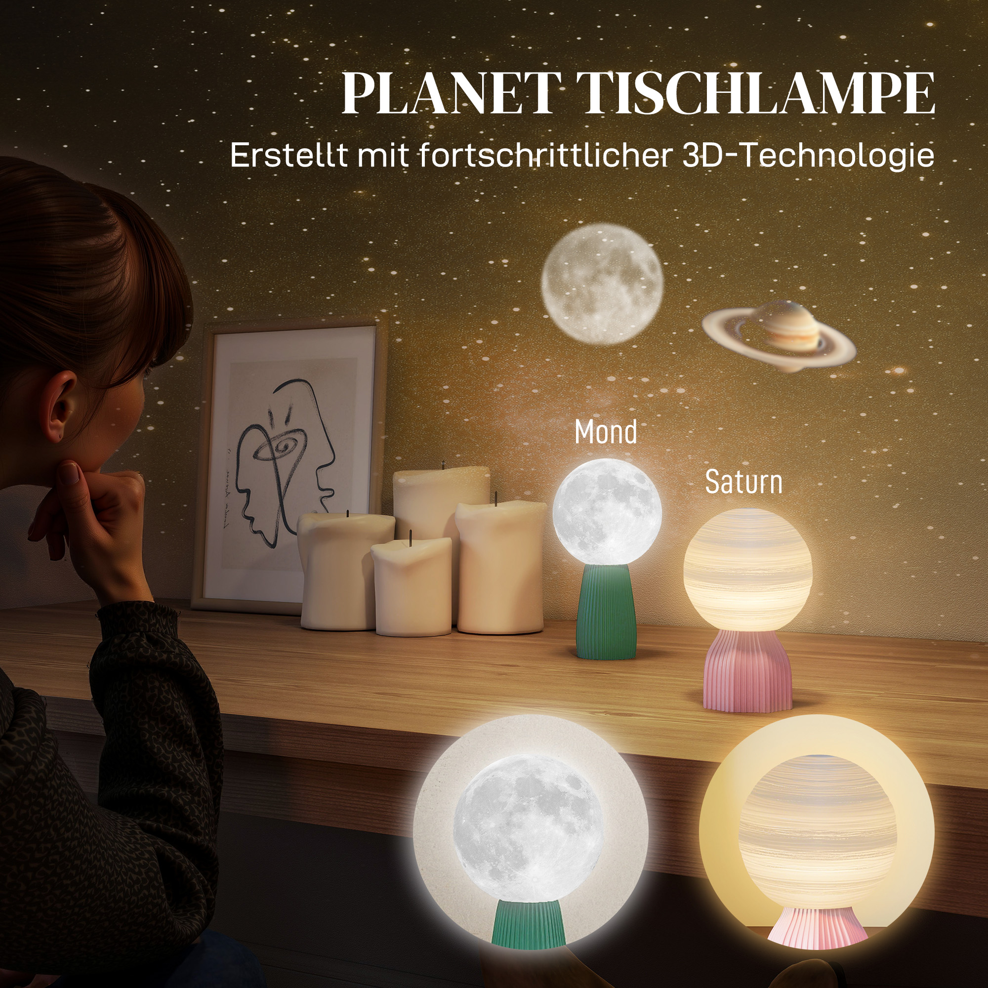 Tischlampen-Set in Planeten-Optik, 3-farbig, USB, Kunststoff, Weiß