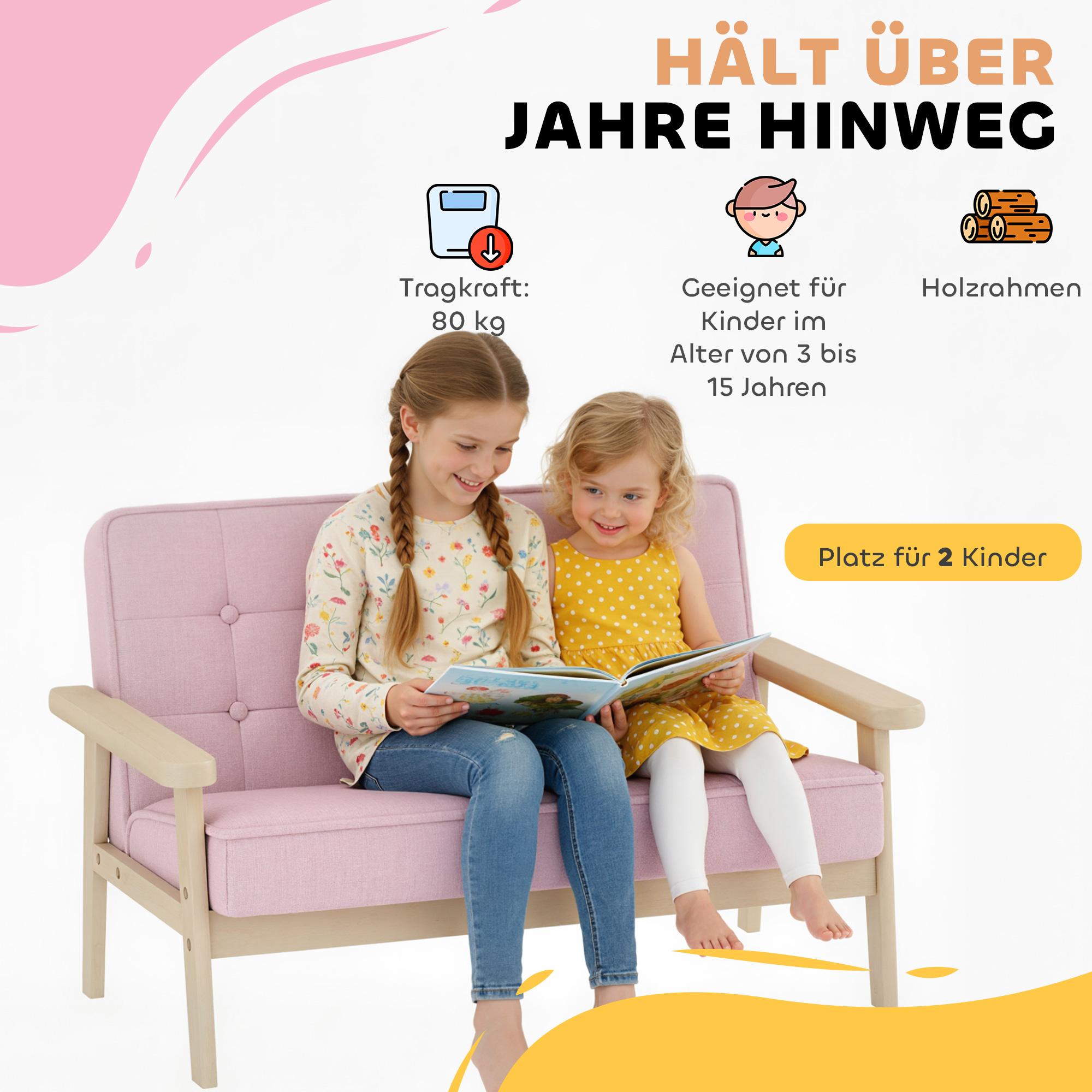 Kindersessel, Kindersofa mit Holzrahmen, Samtoptik, gepolstert, für Kinder von 3-15 Jahren Rosa