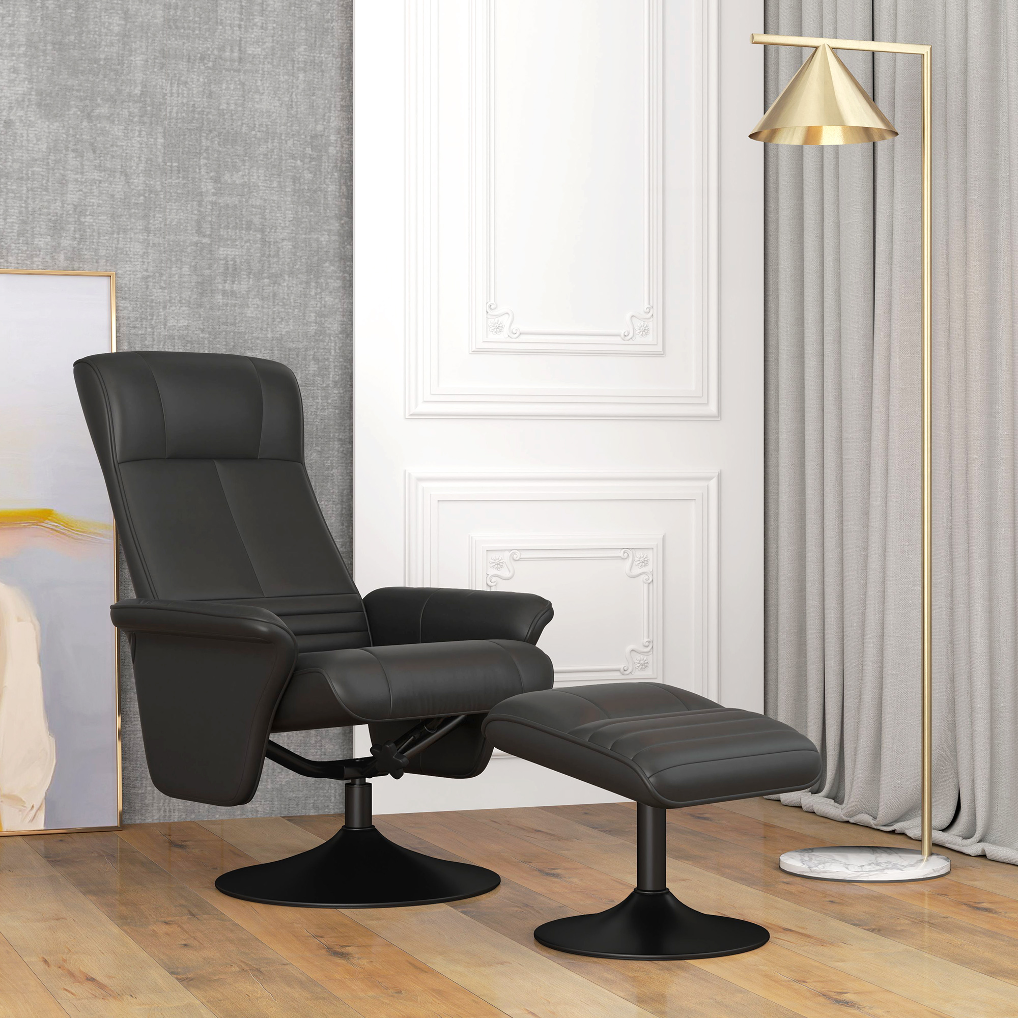 Polstersessel, Akzentsessel mit Hocker, drehbar, ergonomisch, Mikrofasertuchoptik, bis 150 kg, Schwarz