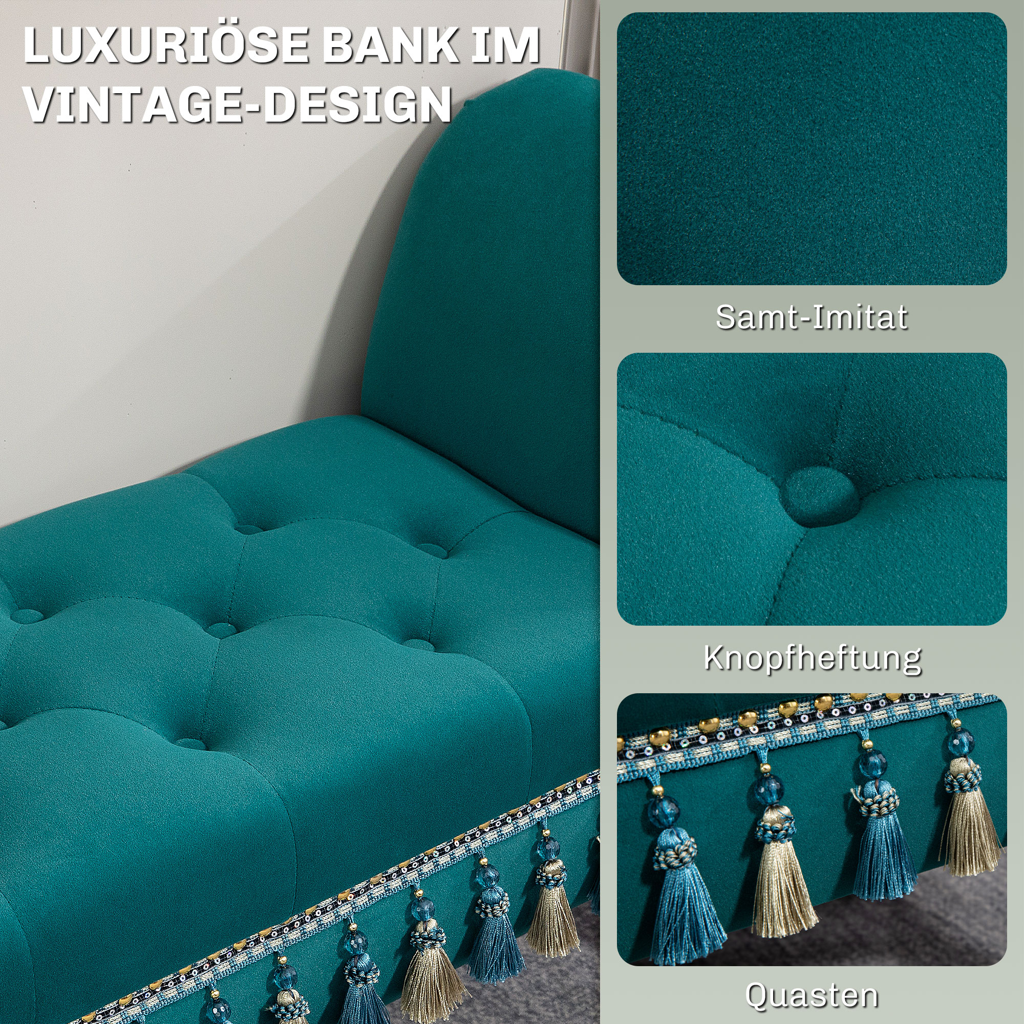 Polsterbank, Sitzbank, Vintage-Design, bis 150 kg, 117x40x58 cm, Grün