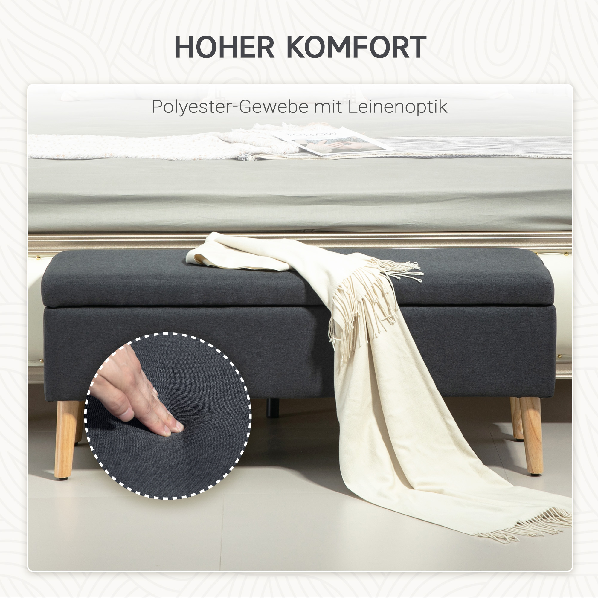 Polsterbank mit Stauraum, Bettbank in Leinenoptik, Kautschukholz, 110 x 39 x 45 cm, Dunkelgrau