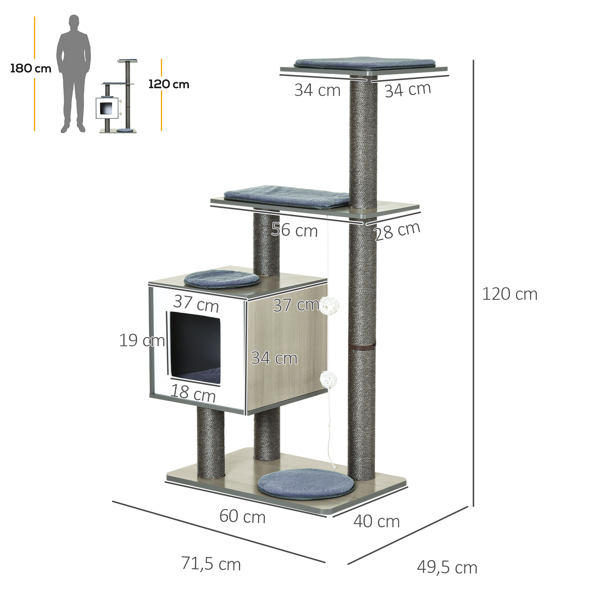 Katzenkratzbaum Katzenbaum Katzenspielzeug Kletterbaum Sisal Polster Liegefläche mit Ball Grau 71,5 x 49,5 x 120 cm