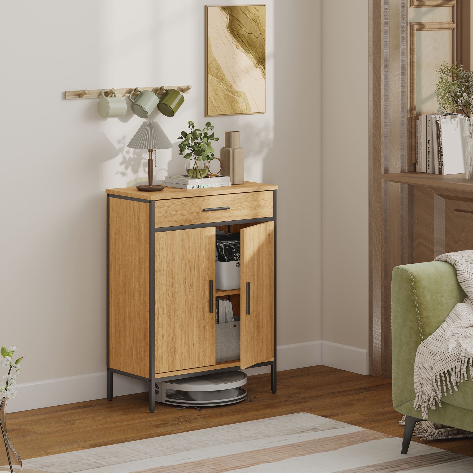 Badezimmerschrank, zweistufige Regale, große Schublade, Industriestil, Eichenoptik