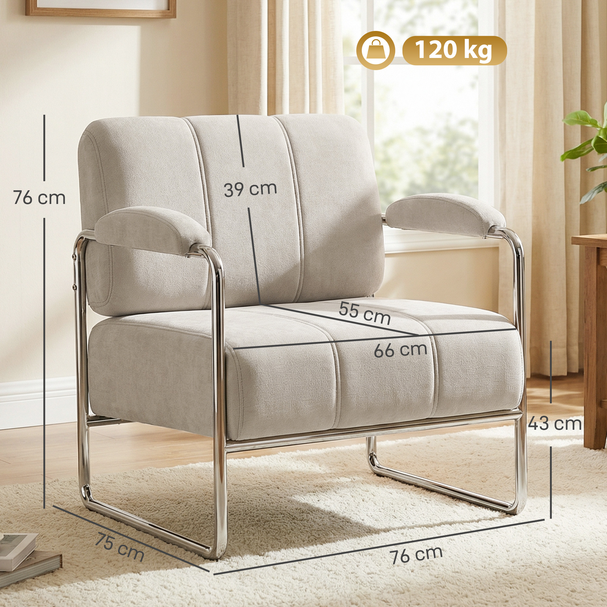 Moderner Sessel, Akzentstuhl mit breitem Sitz und dicker Polsterung, Chenille-Polsterstuhl fürs Wohnzimmer, Beige