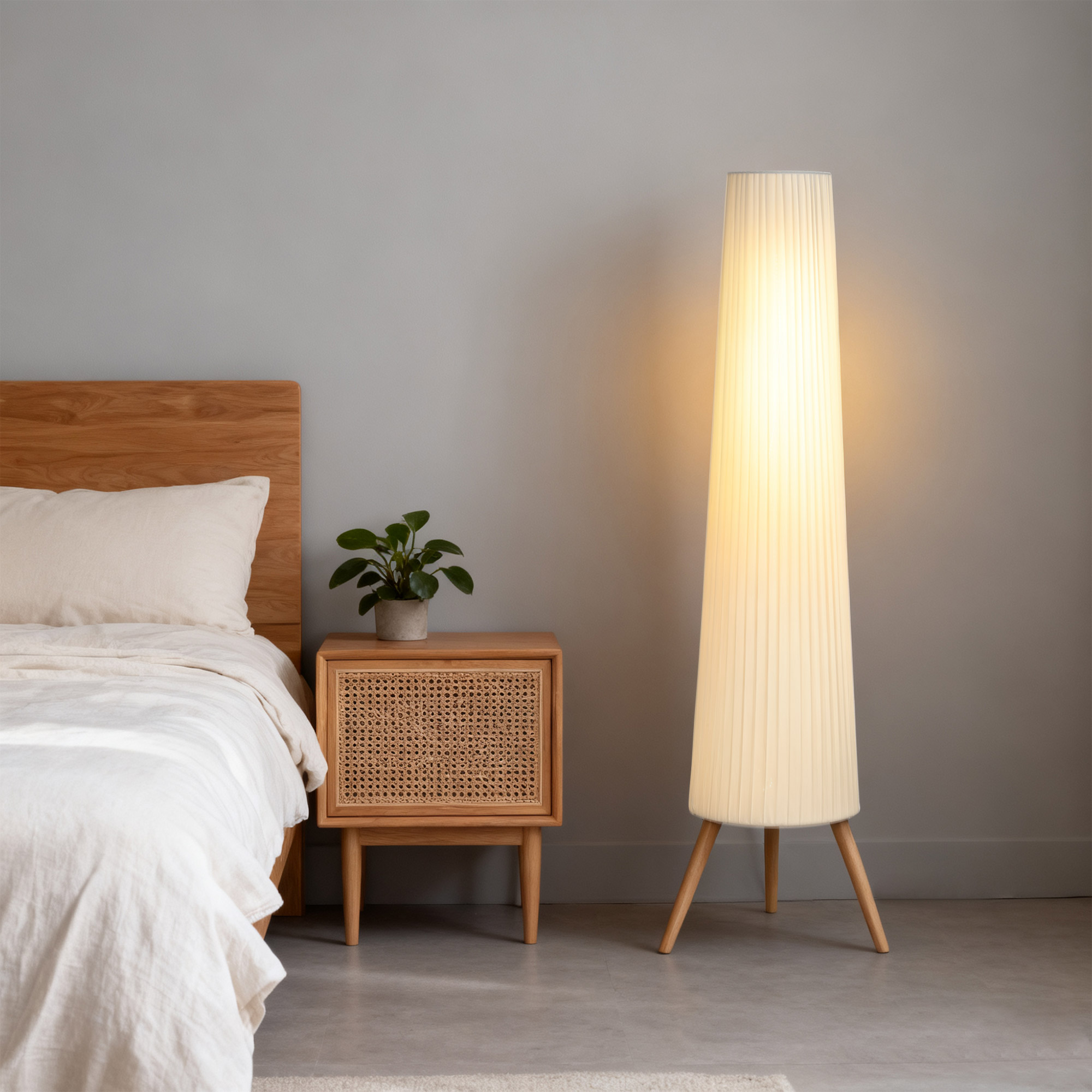 LED Stehlampe Wohnzimmer Dimmbar Holz mit Dreibein, Stehleuchte mit Fußschalter, 46 x 46 x 153 cm, Weiß