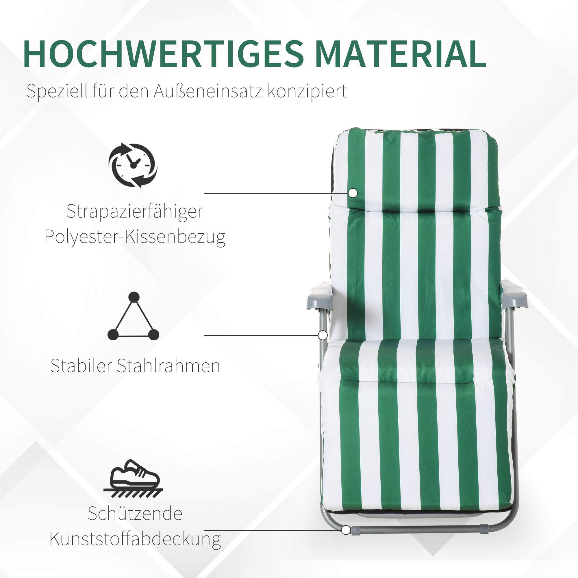 Gartenliegen 2er-Set klappbar mit Auflagen 60 x 75 x 102 cm Stahl Grün+WeiB