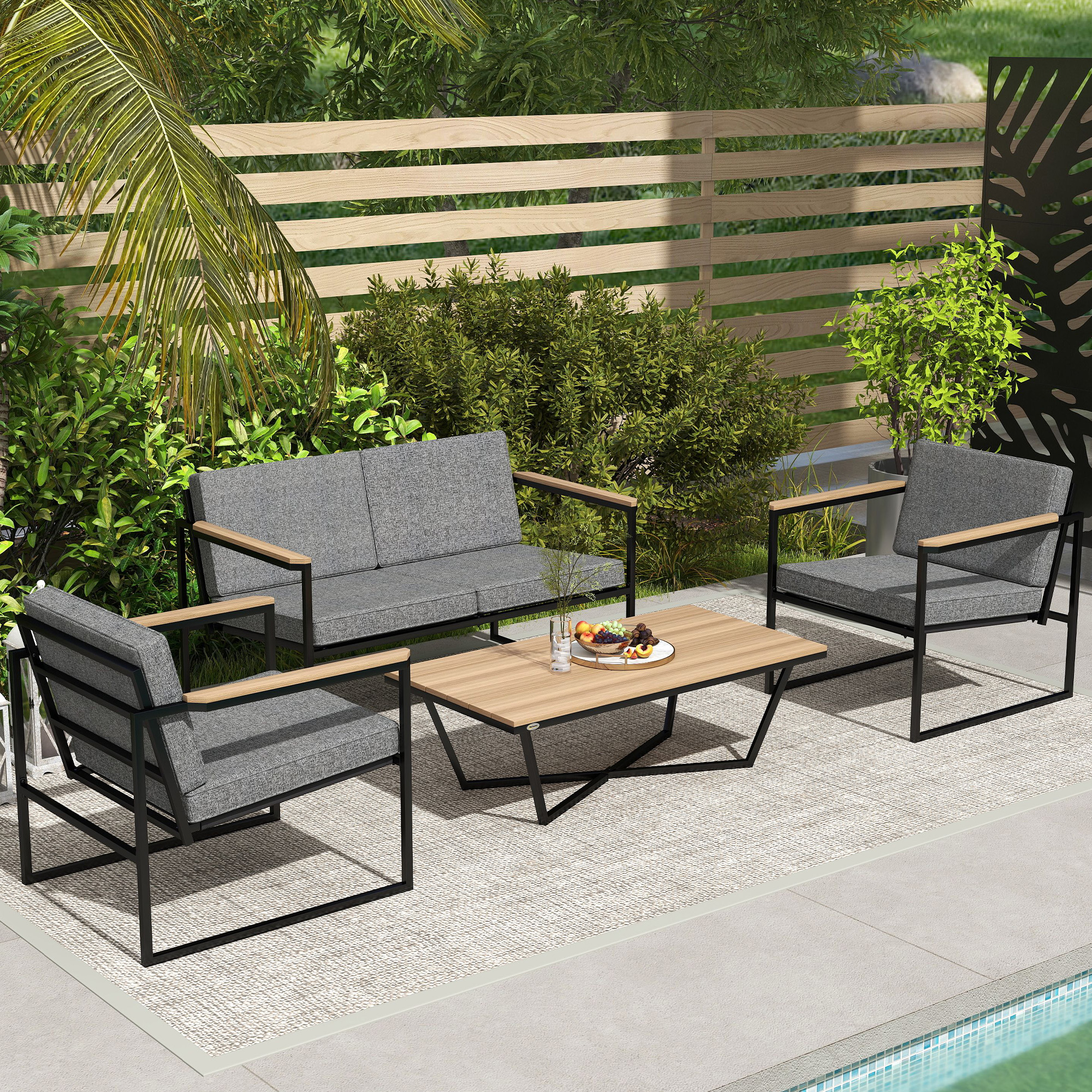Gartenmöbel Set 4 Personen wetterfest Balkonmöbel-Set mit 2er Sofa, 2 Stühle Sitzkissen Beistelltisch Grau