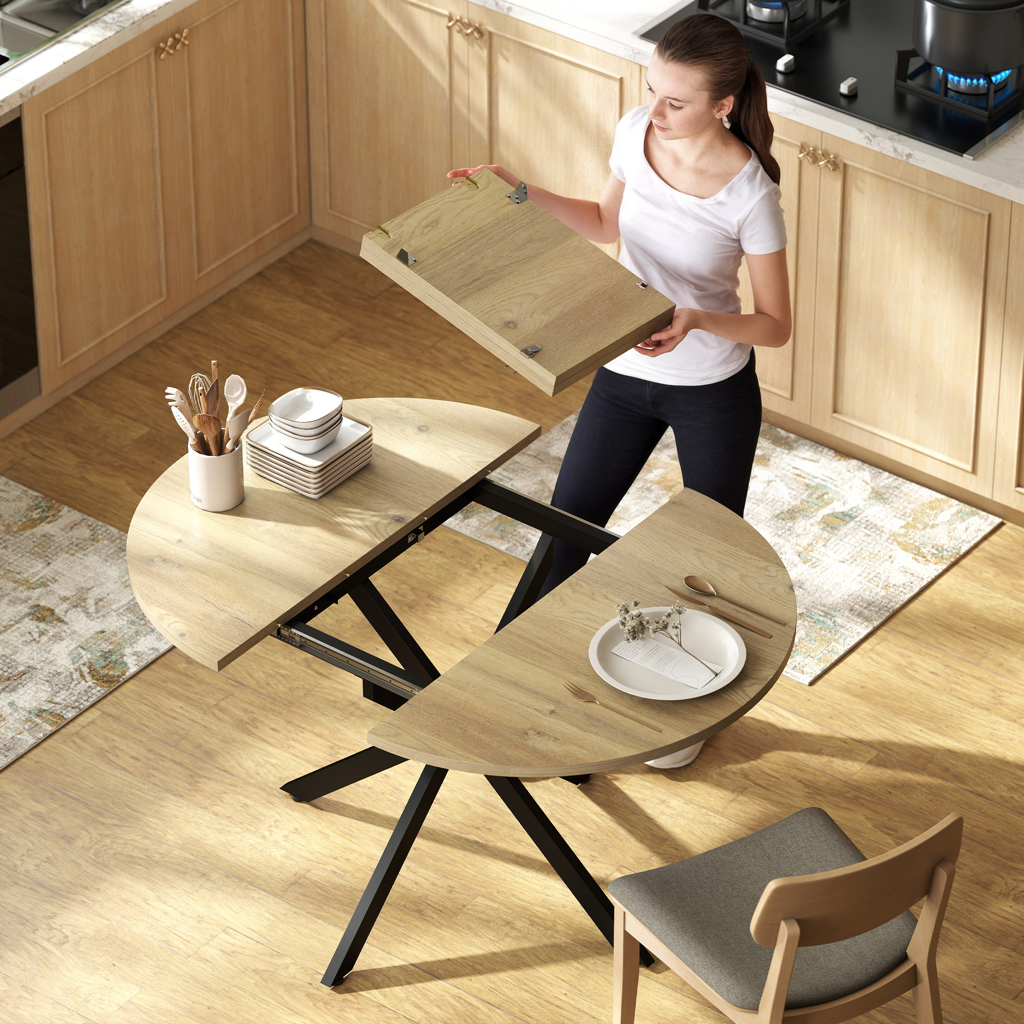 Ausziehbarer runder Esstisch für 4-6 Personen, 100-135 cm, Küchentisch mit X-förmigem Stahlsockel, Naturholz, Schwarz