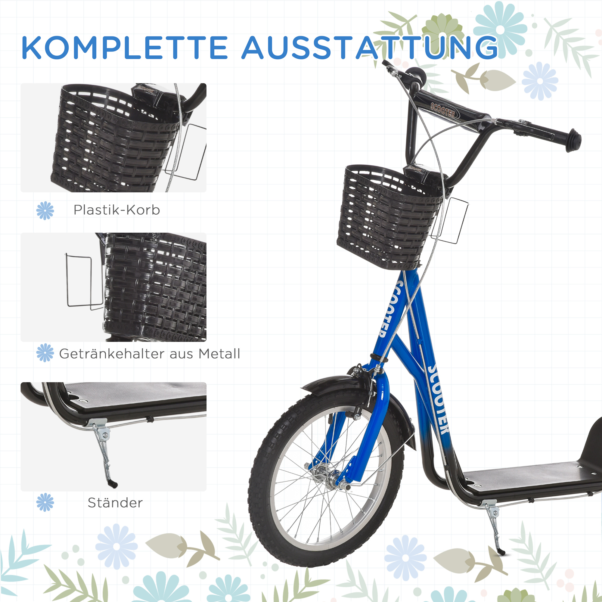 Kinderroller, Scooter mit Bremse, inkl, Korb, höhenverstellbar, für Kinder 5-12 J,, blau+schwarz