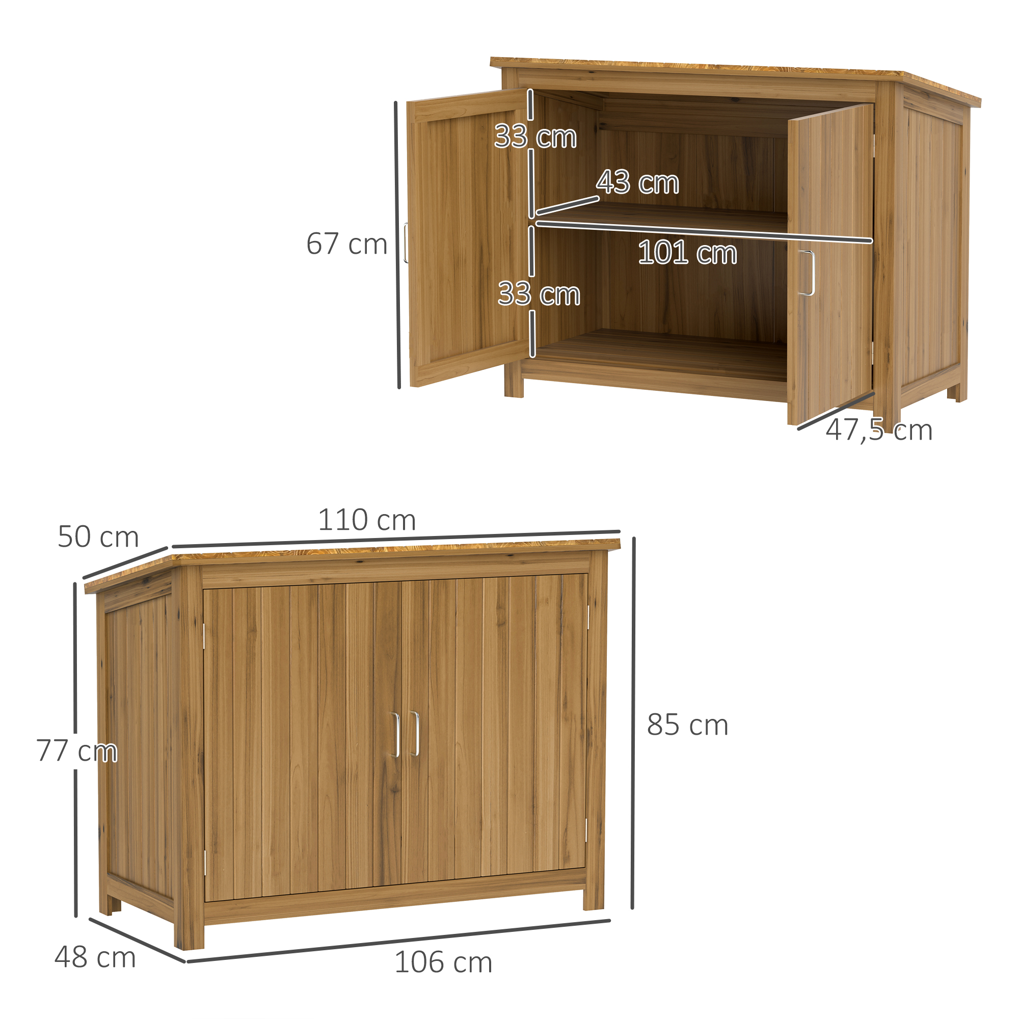 Gartenschrank, Holzkommode mit 2 Regalen für Garten, Terrasse, Wetterfest, 110 x 50 x 85 cm, Braun