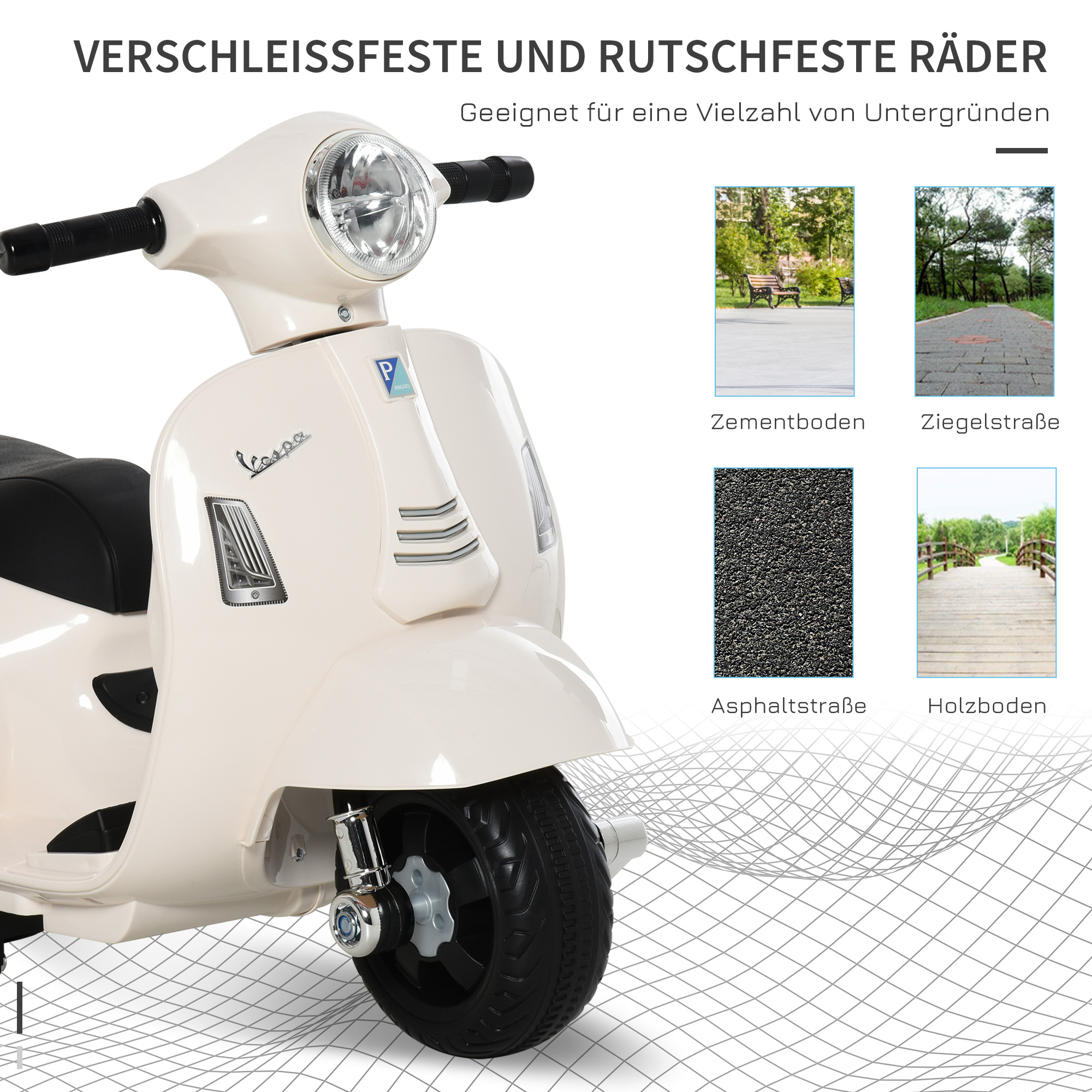 Elektro Kindermotorrad Vespa Elektromotorrad mit LED-Licht, Sound, Kinder Elektro Motorrad für Kinder von 18-36 Monate Weiß