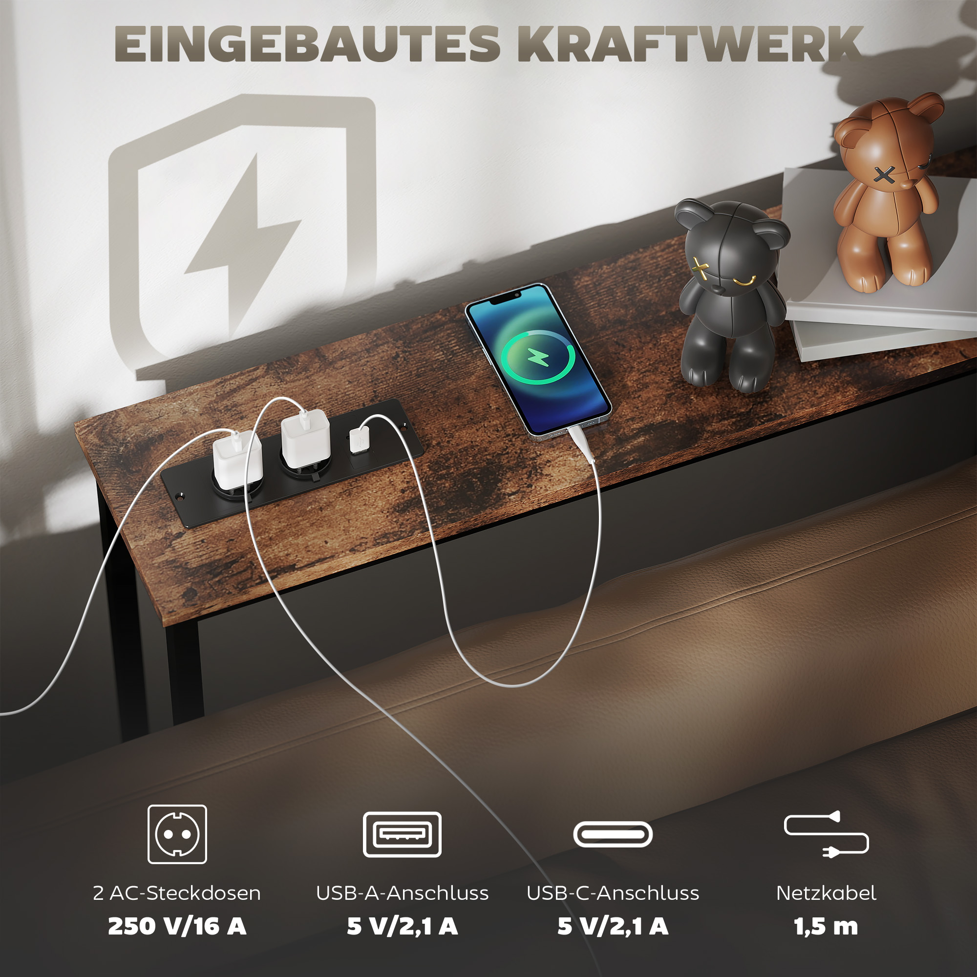 Konsolentisch mit Ladestation, Industriestil, Stahlrahmen, Braun