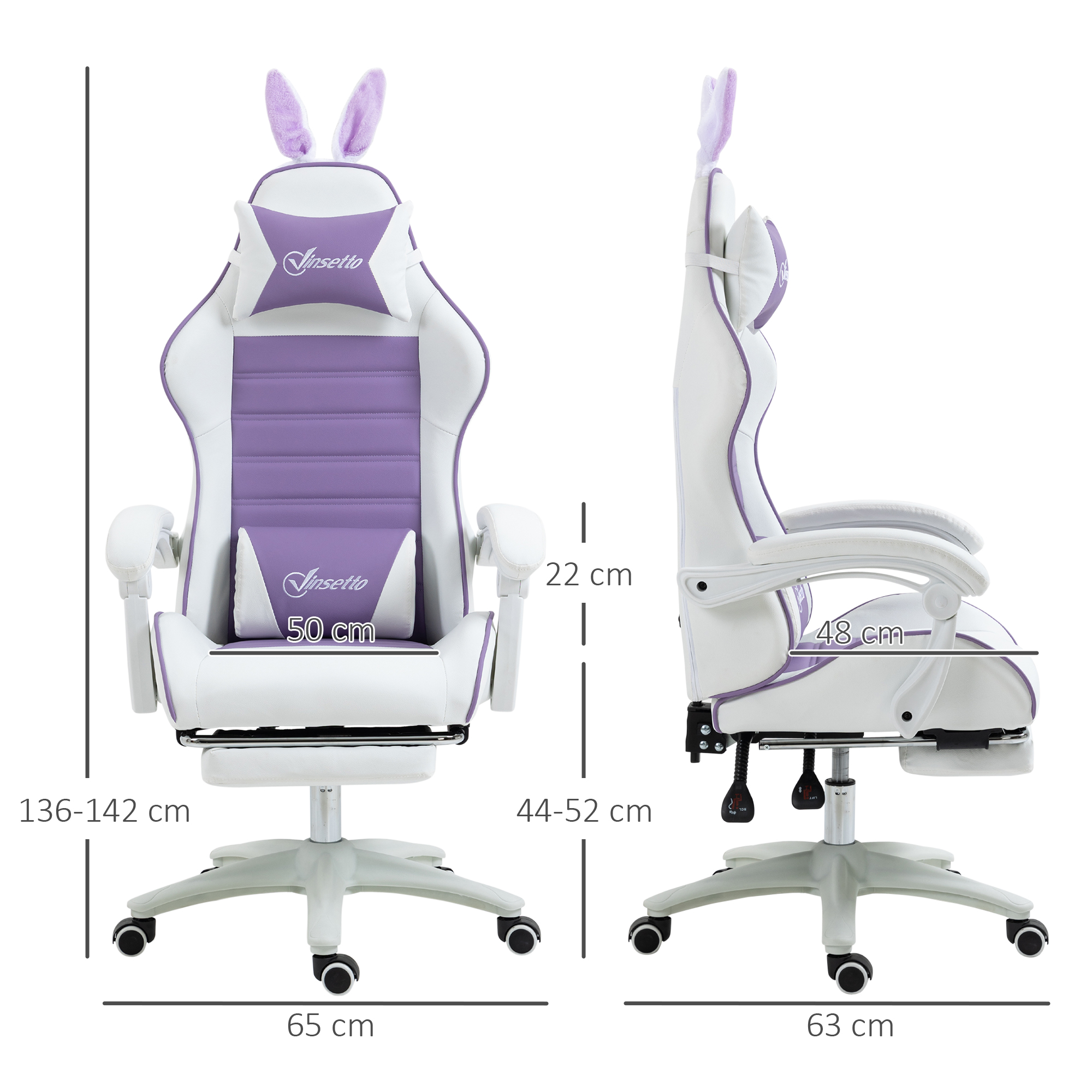 Gaming Stuhl, ergonomischer Gamer Stuhl mit Lendenwirbelstütze, Fußstütze, Hasenohren, Kopfkissen violett