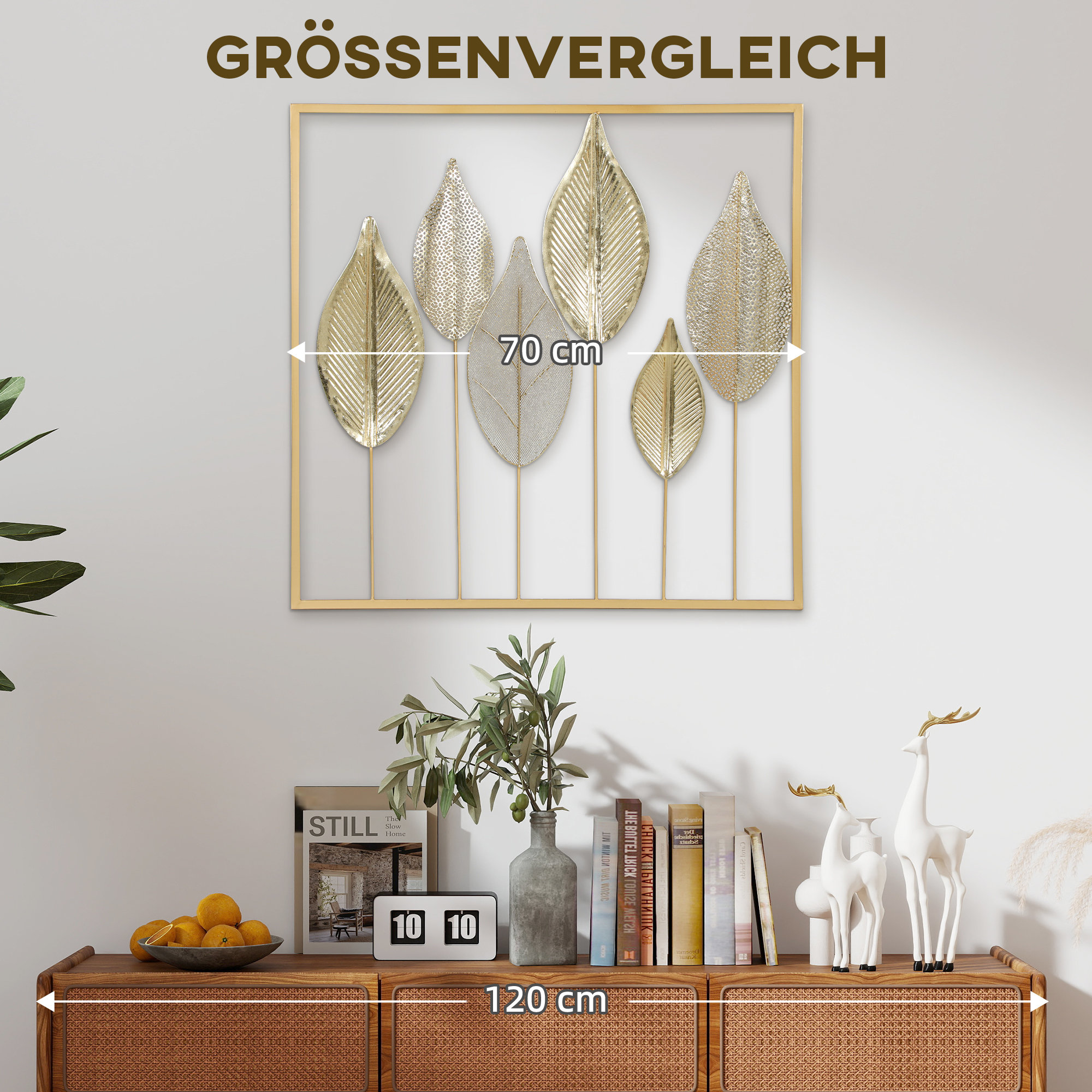 Metallrahmen mit Blattdesign, Wandschmuck, moderner Stil, Goldfarben